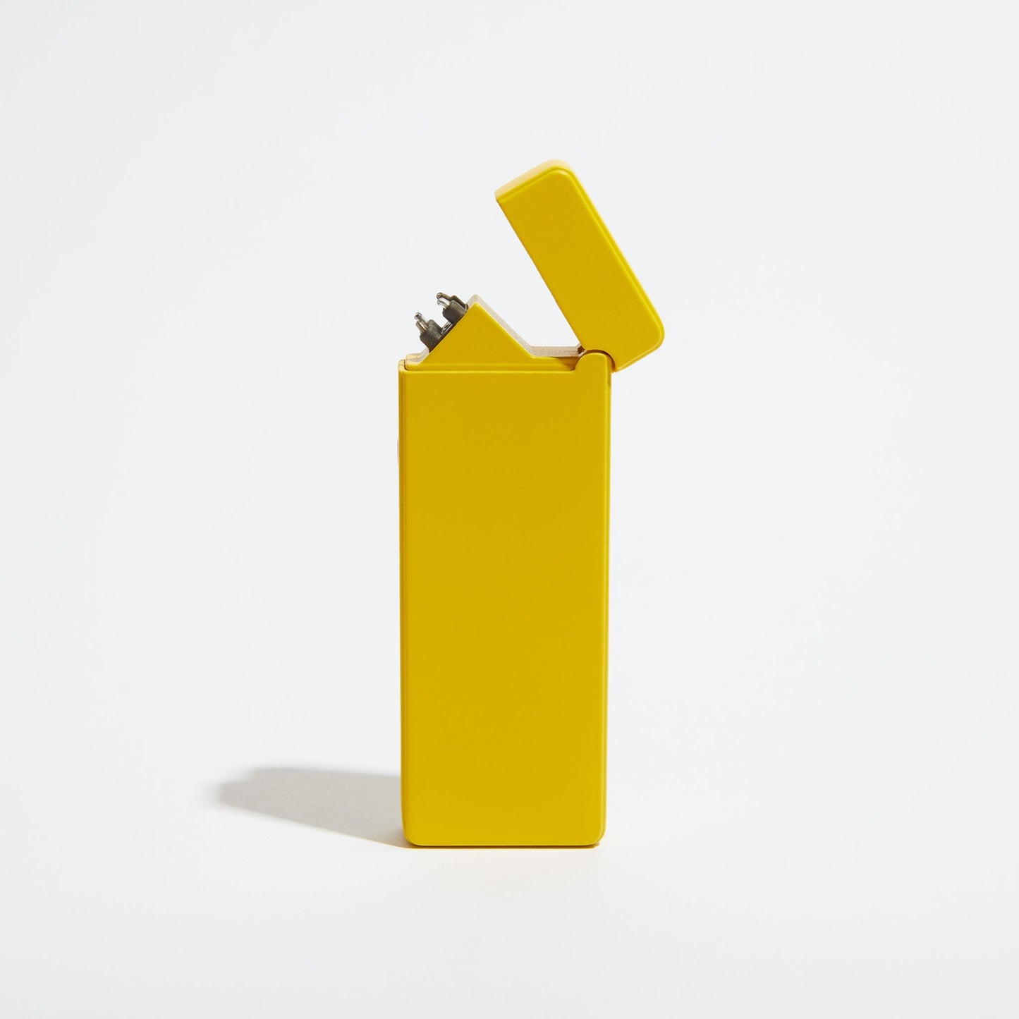 Slim USB lighter in yellow matte finish with flip-top open and ignition parts visible.