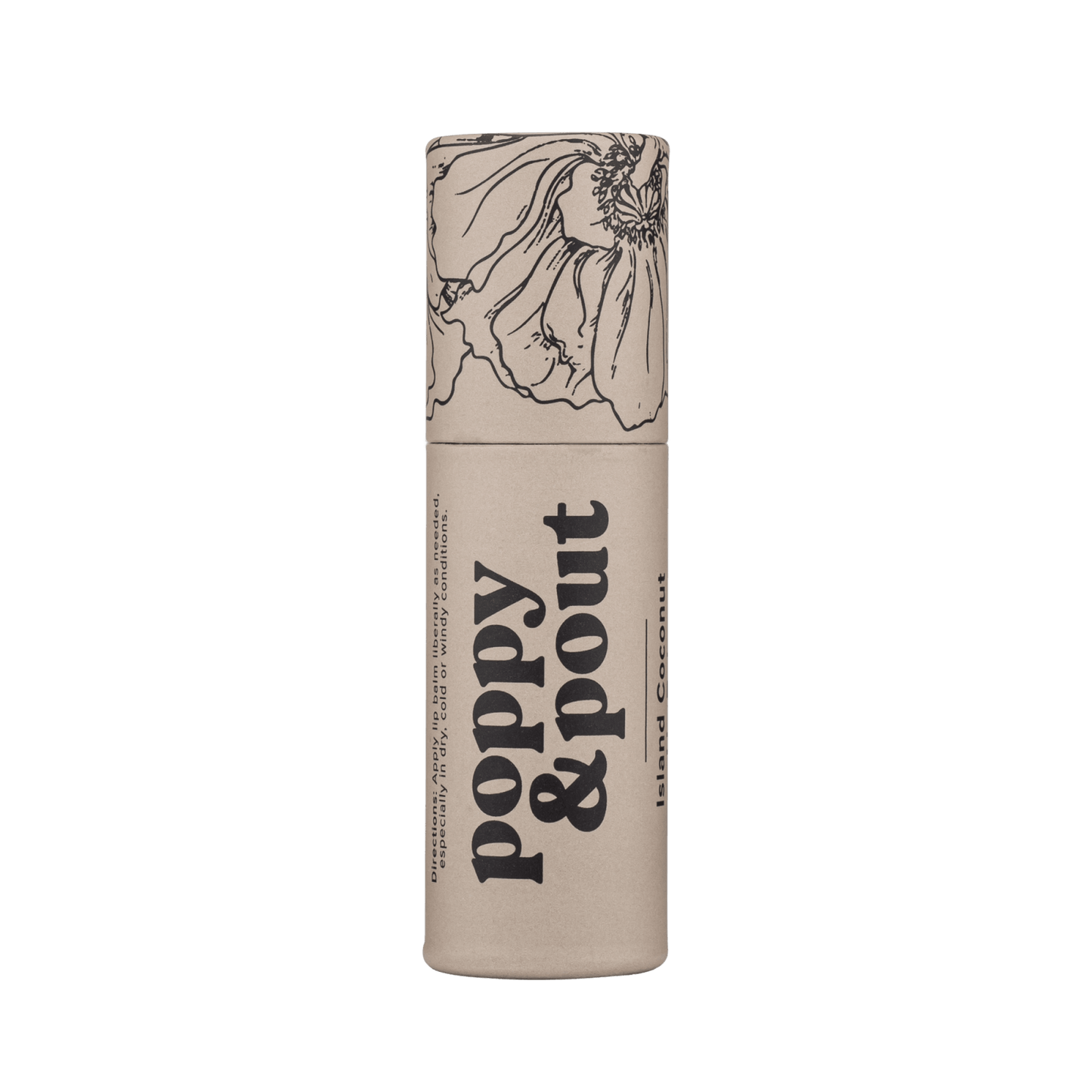 Lip balm tube beige with 'Island Coconut' label and coconut line graphic
