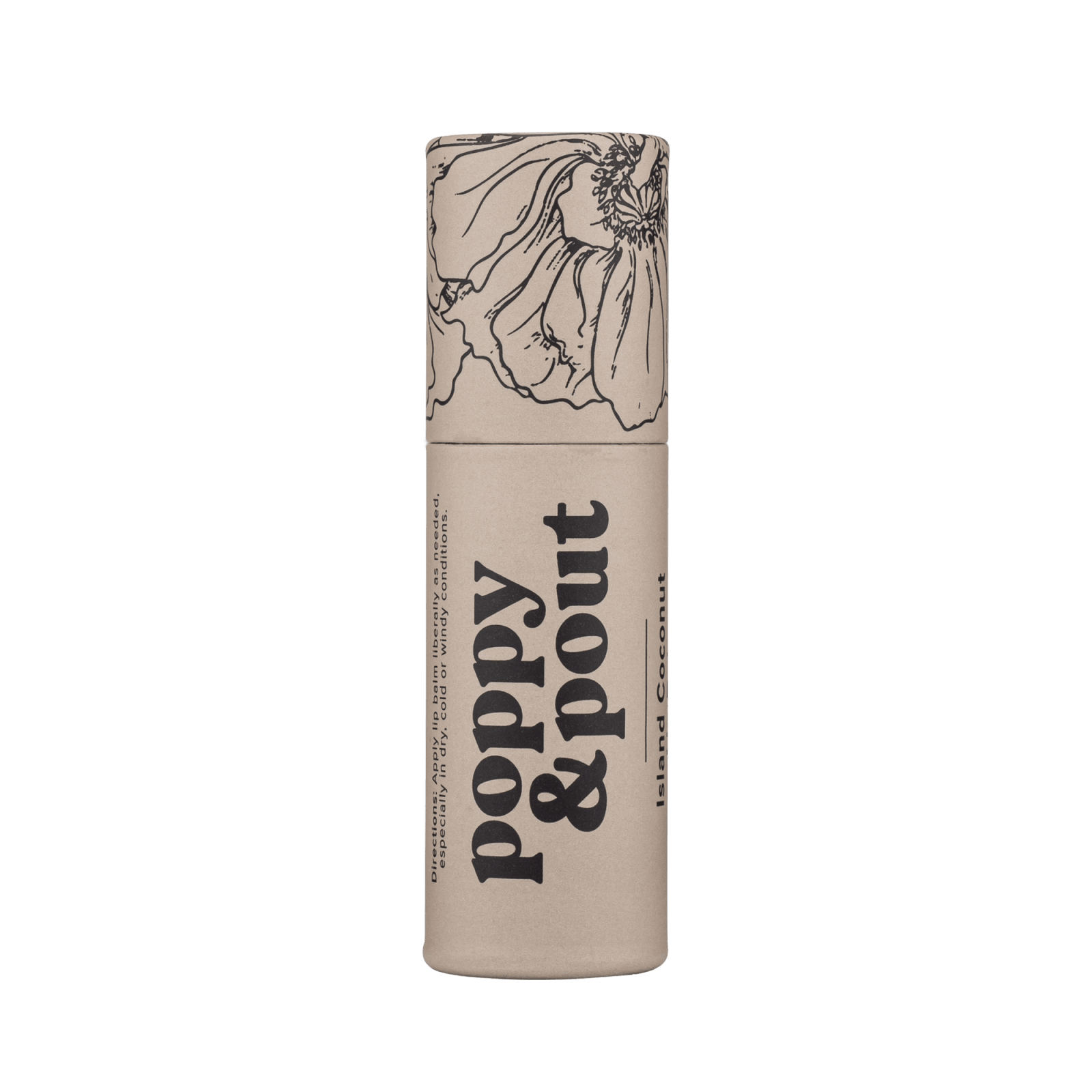 Lip balm tube beige with 'Island Coconut' label and coconut line graphic