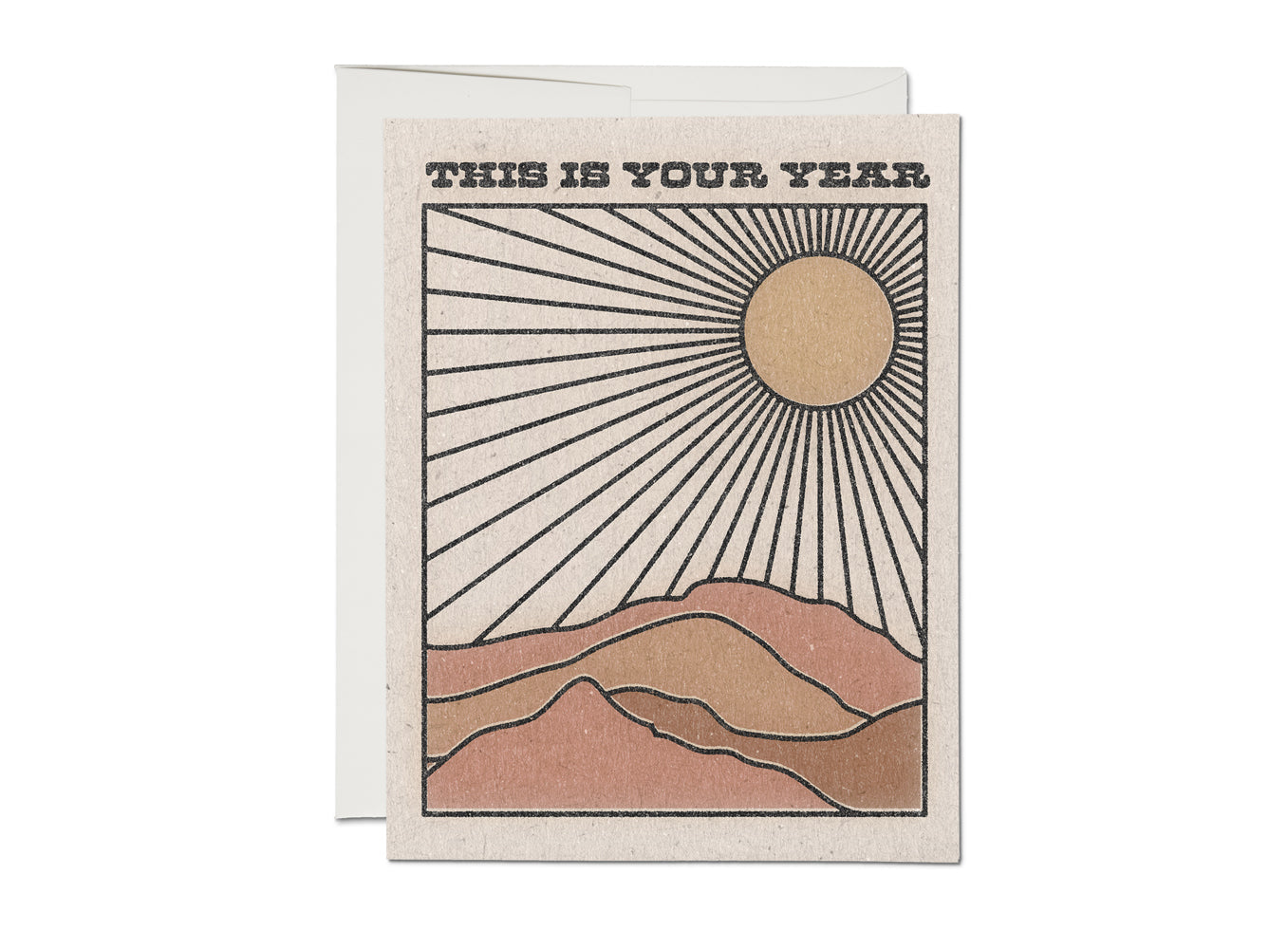 Greeting card with 'This Is Your Year' sunburst and mountain illustration