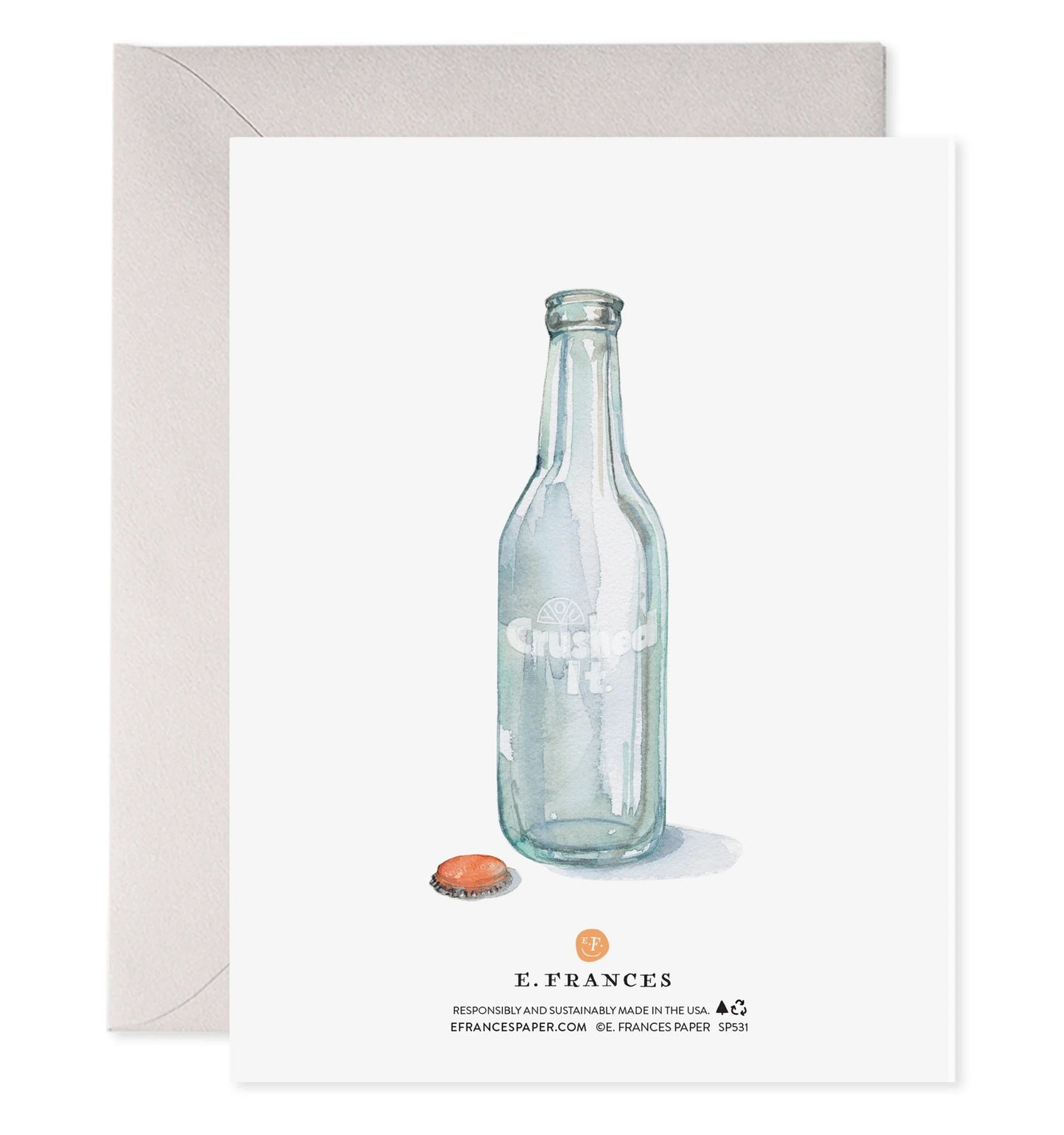 Greeting card with illustrated clear-blue bottle, orange cap, and congratulations text