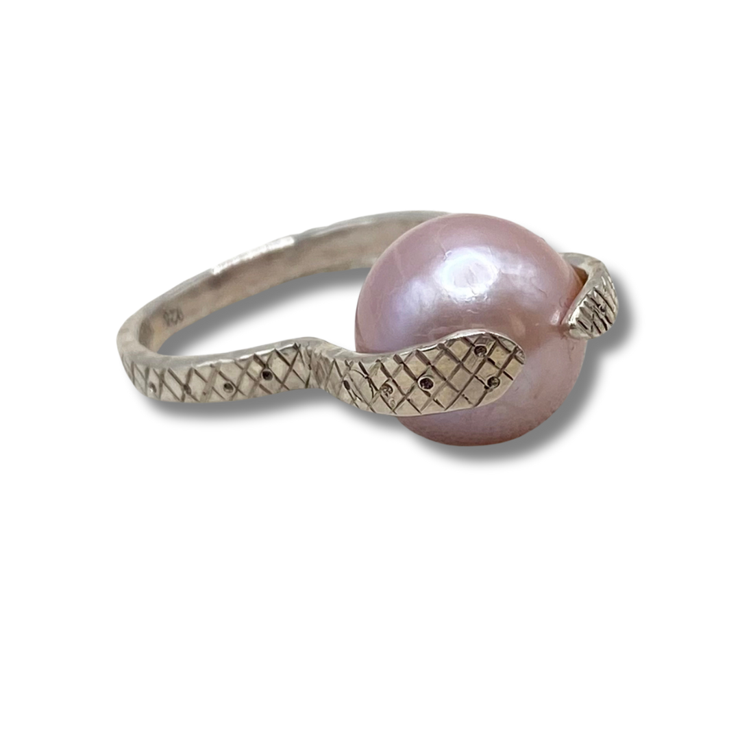 Sterling snake ring with blush pink pearl, full profile view