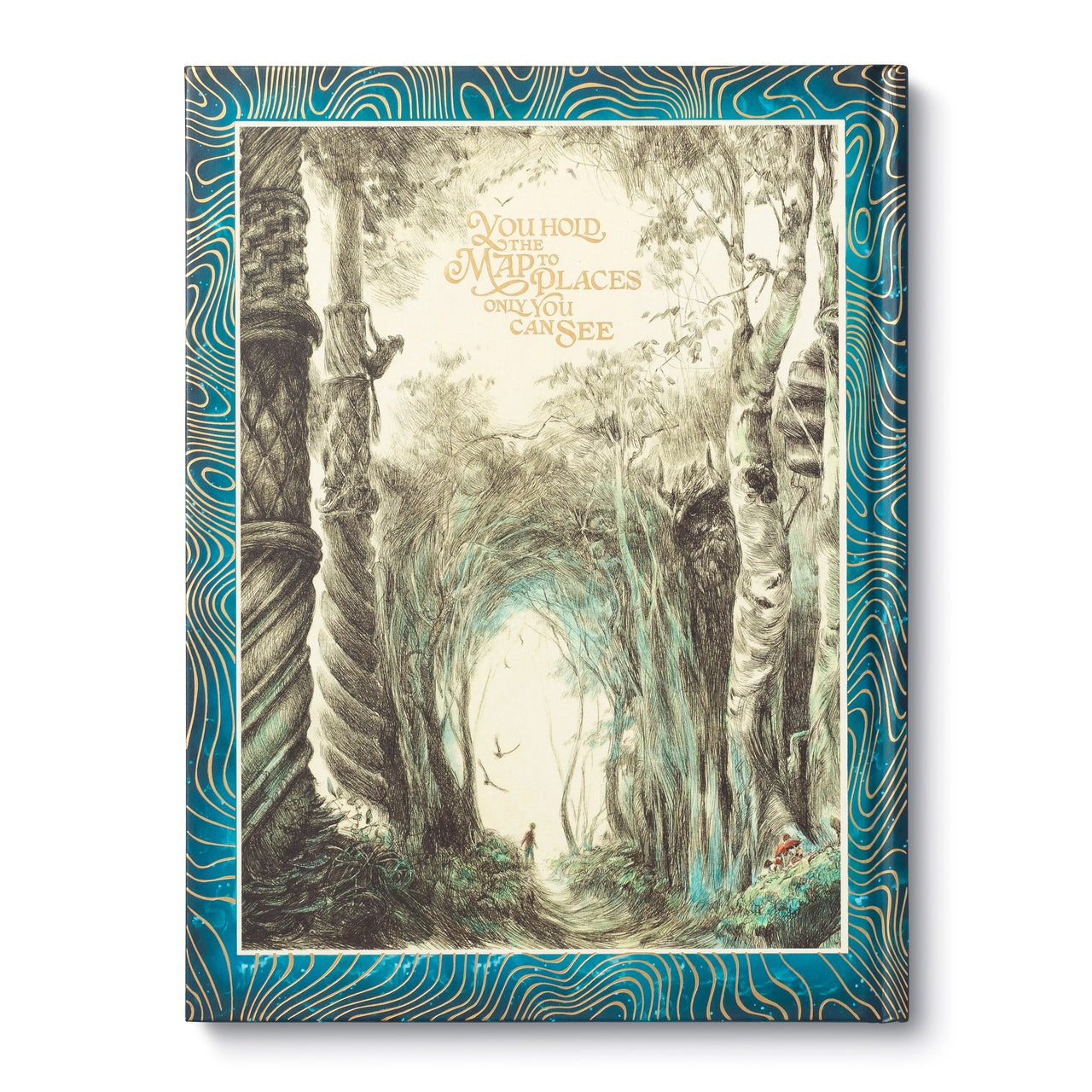 Hardcover book cover with monochrome forest illustration and decorative quote text