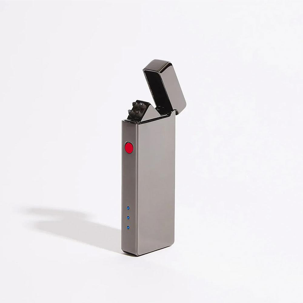 Silver gray slim USB rechargeable double-arc lighter with open flip top and red button