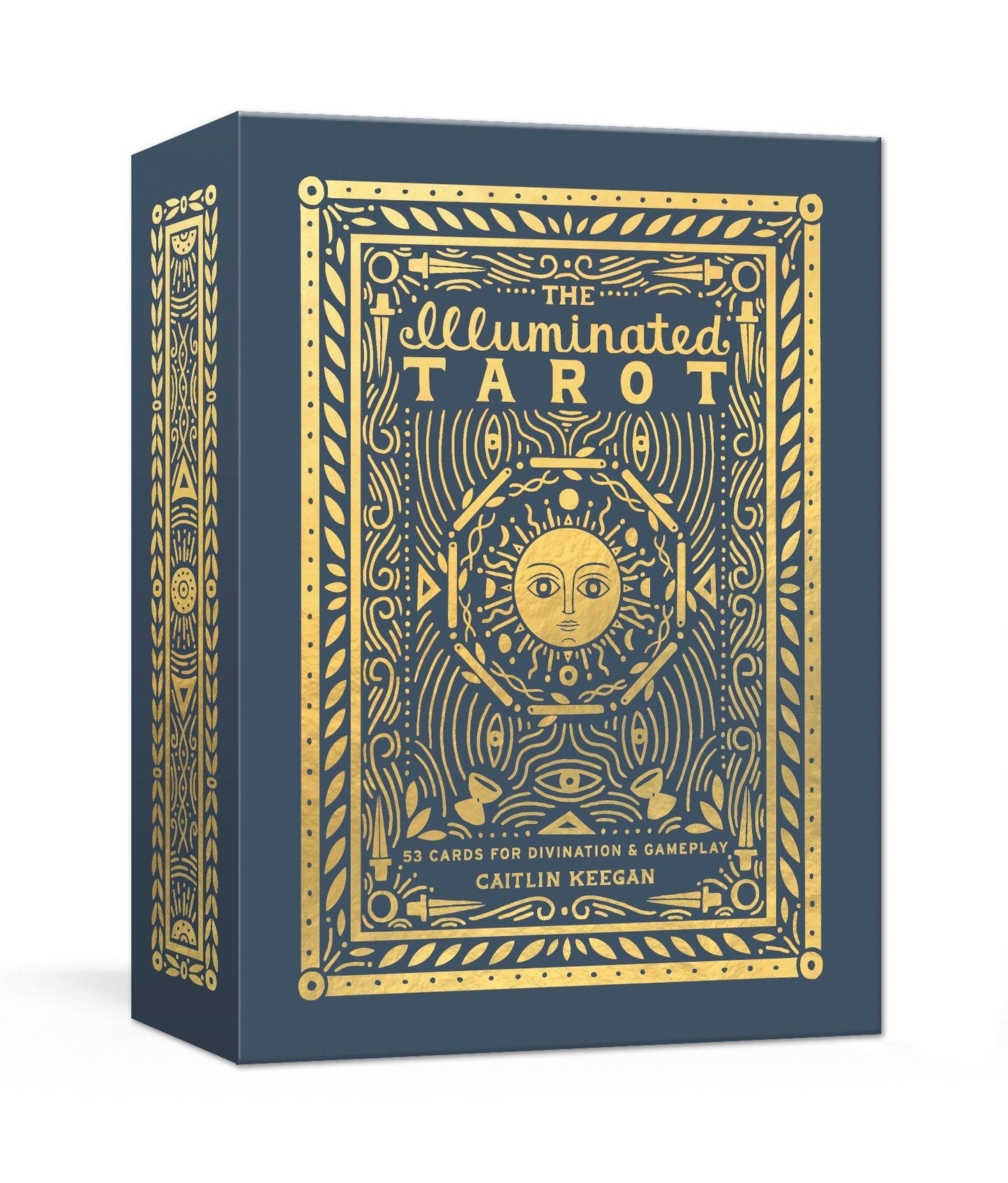 Illuminated Tarot card deck box with gold patterned front and spine