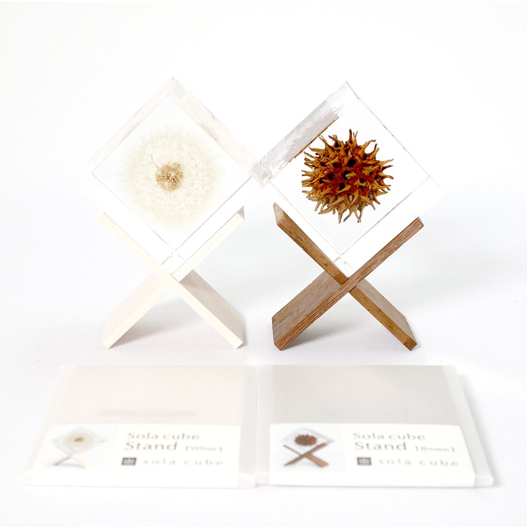 White wooden square cube stand with glass top and spherical flower decor