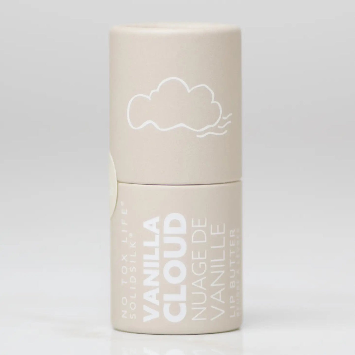 White lip butter container with cloud logo and banded label design