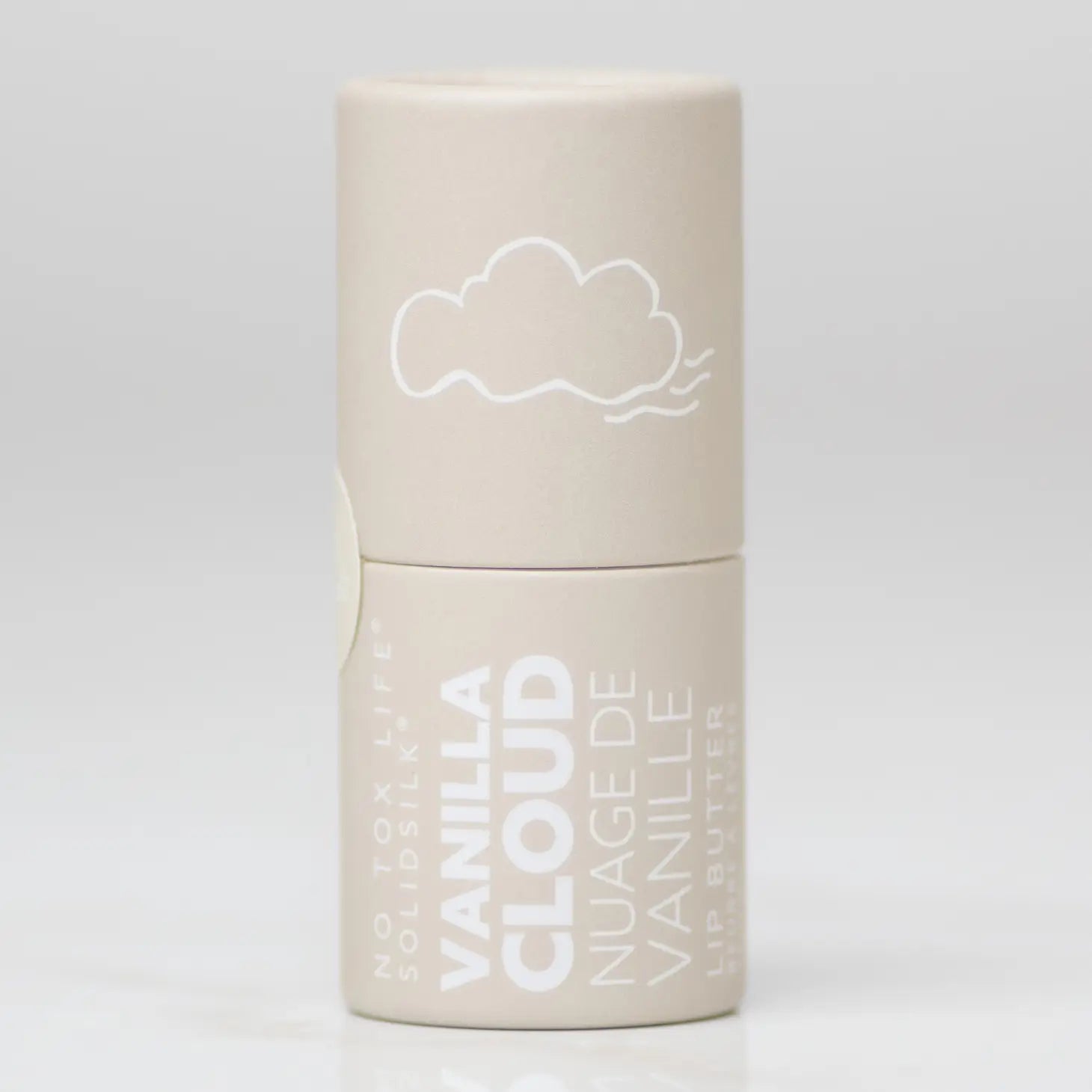 White lip butter container with cloud logo and banded label design