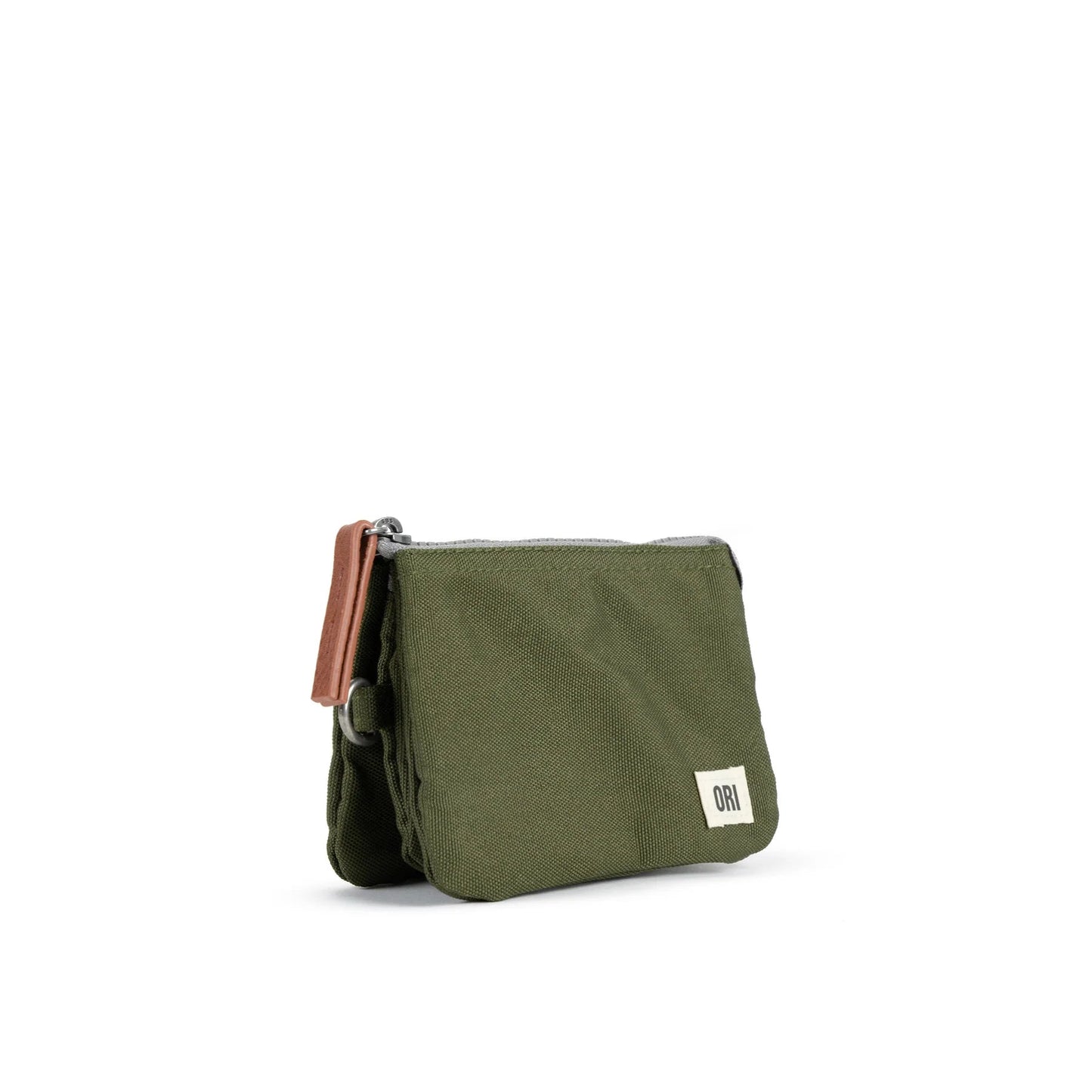 Small recycled canvas zipper pouch, olive green with ring pull and leather-look tab