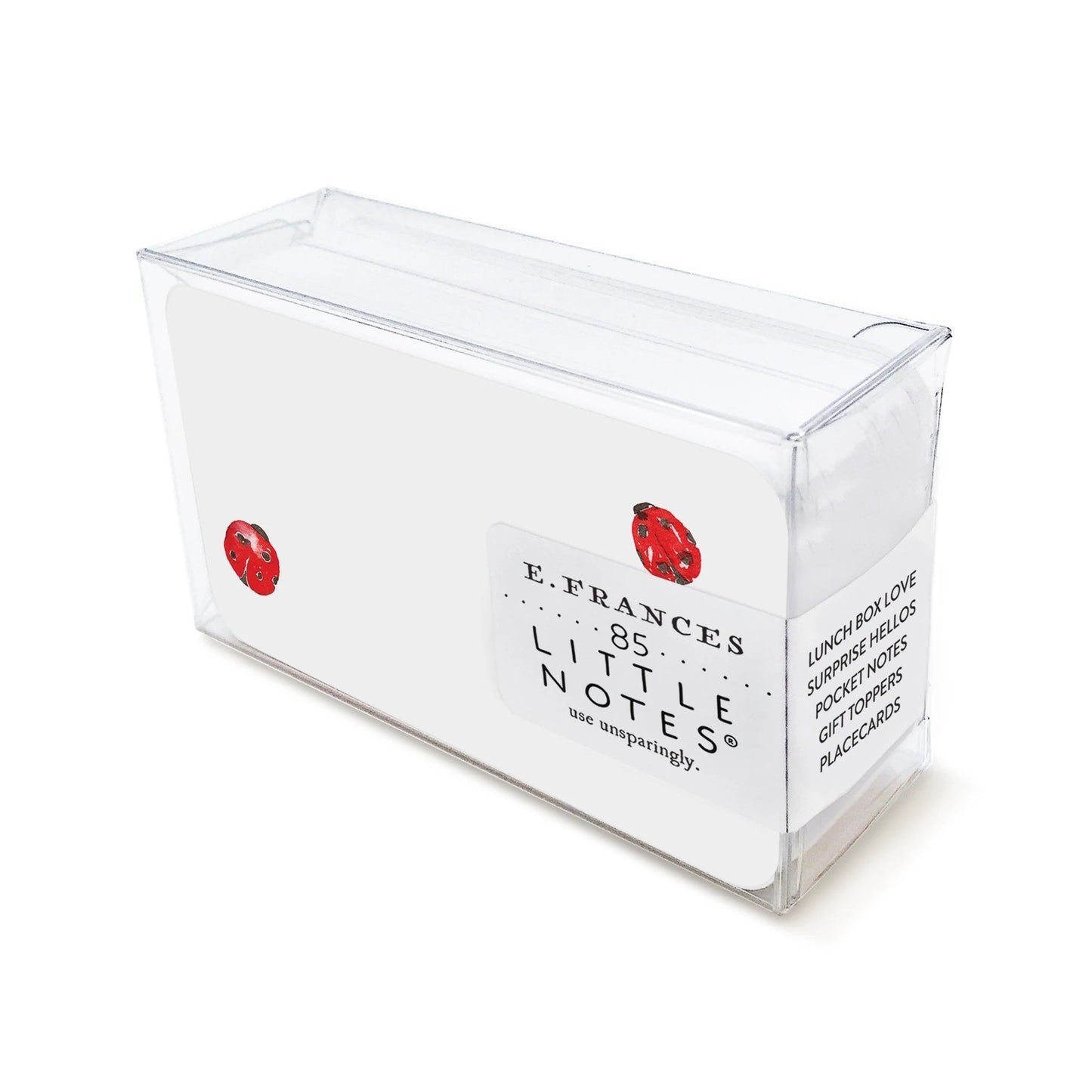 Acrylic note box with ladybug decals and vintage "LITTLE NOTES" label, clear sides