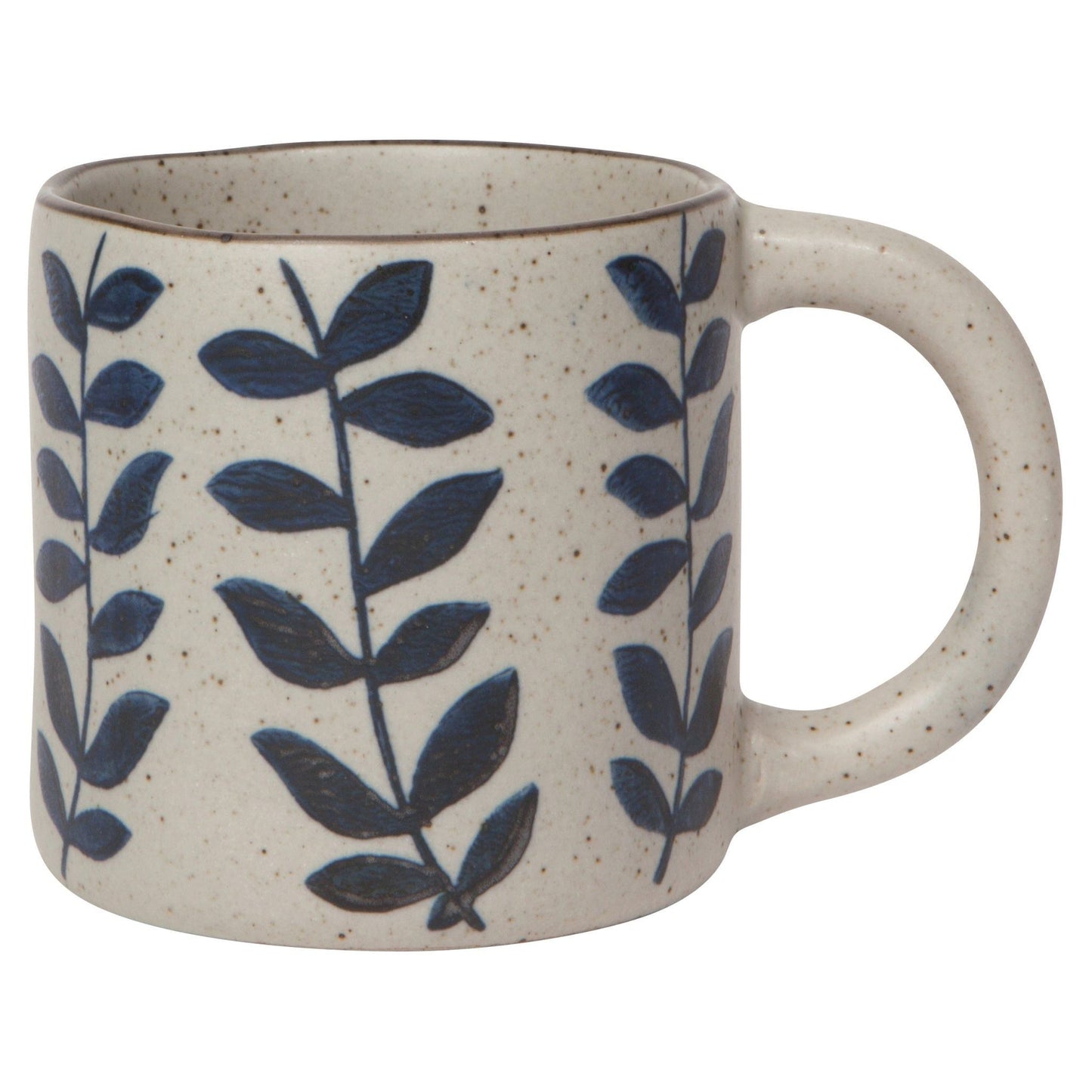 Ceramic mug with navy vine leaf pattern and speckled beige finish