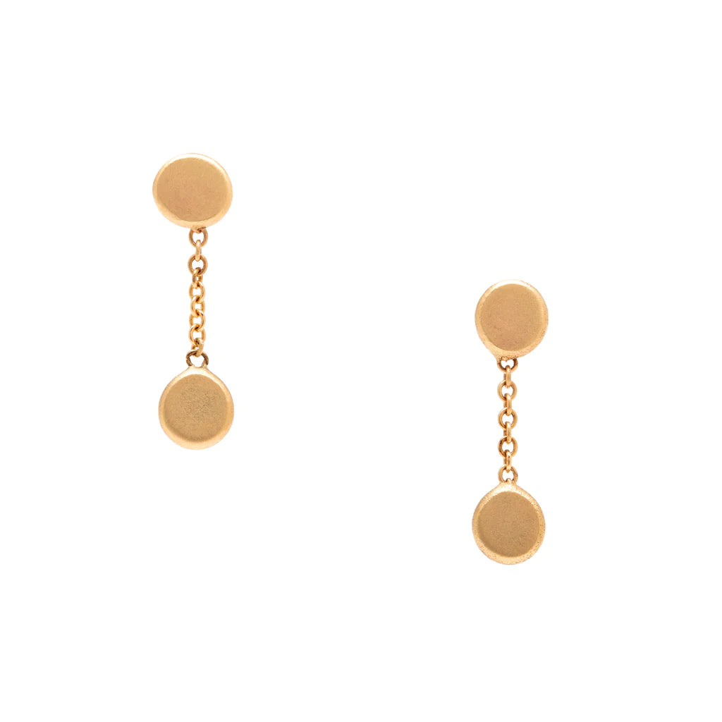 14 karat gold disc drop earrings with linked chain and three circular charms