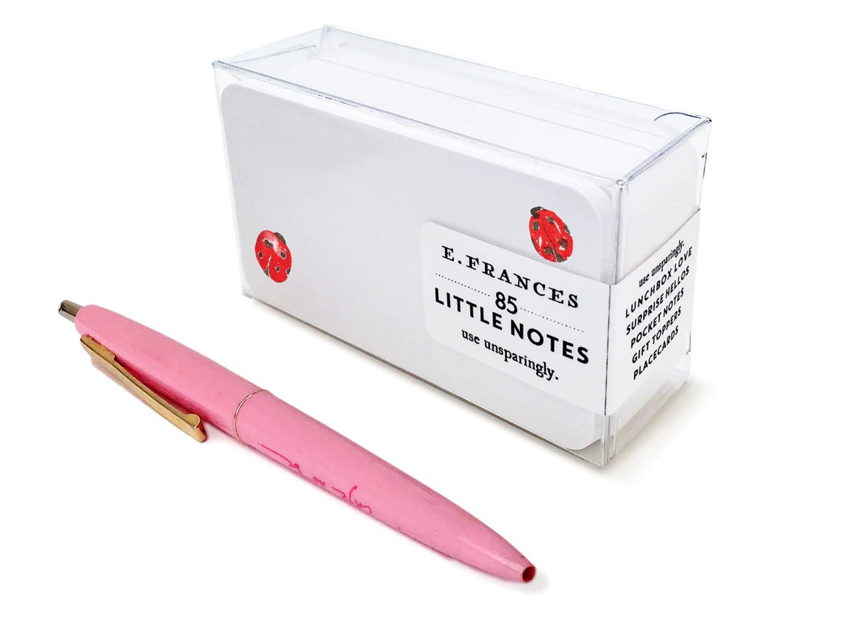 Acrylic note box with ladybug label, shown with pink pen for size