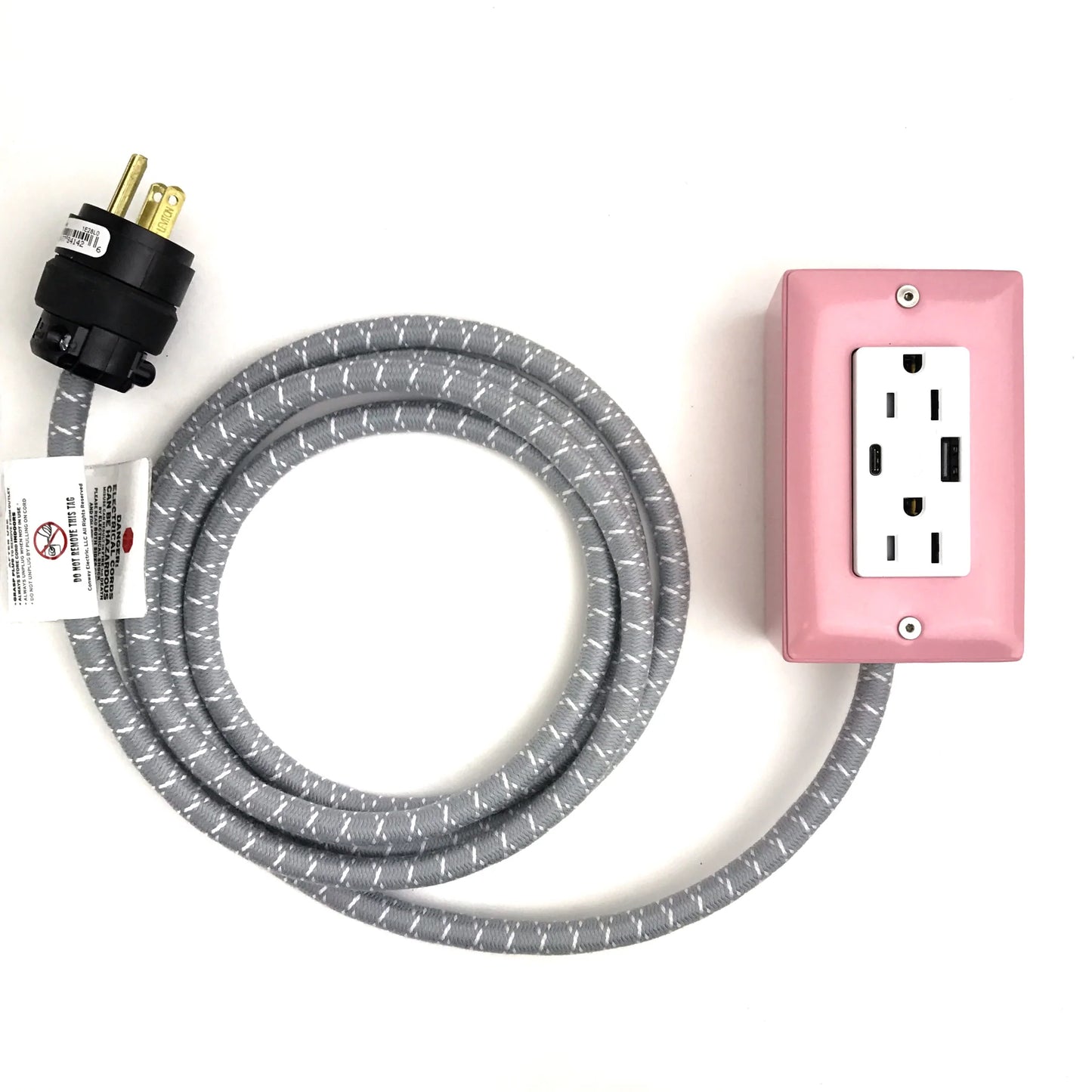 Dual outlet power cord with gray braided cable and pink outlet box