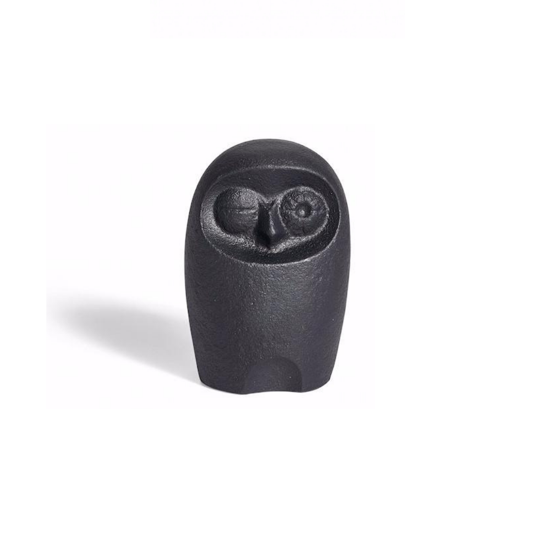 Cast iron owl figurine with winking eye, dark textured finish