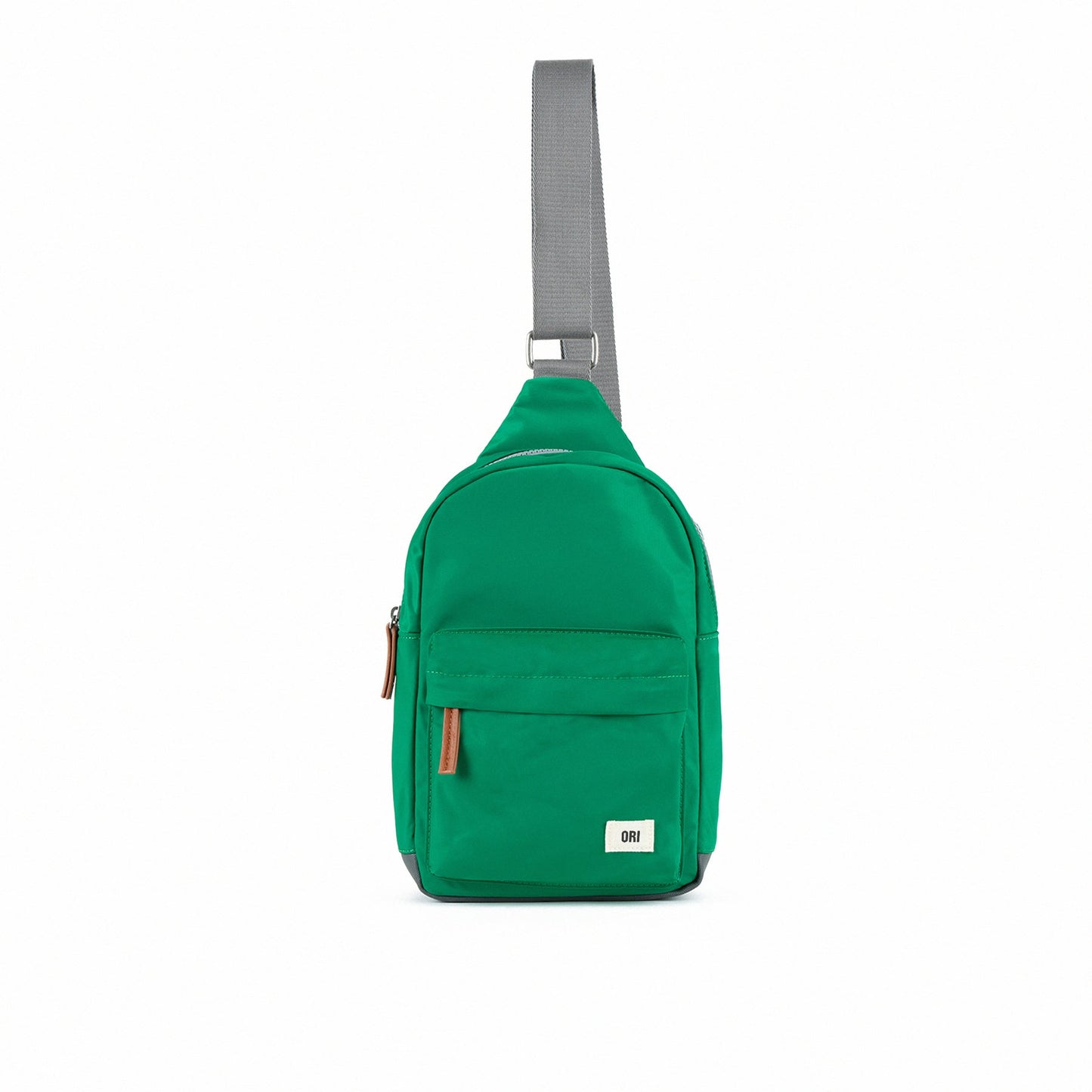 Green recycled nylon sling bag with front pocket zipper and gray adjustable strap