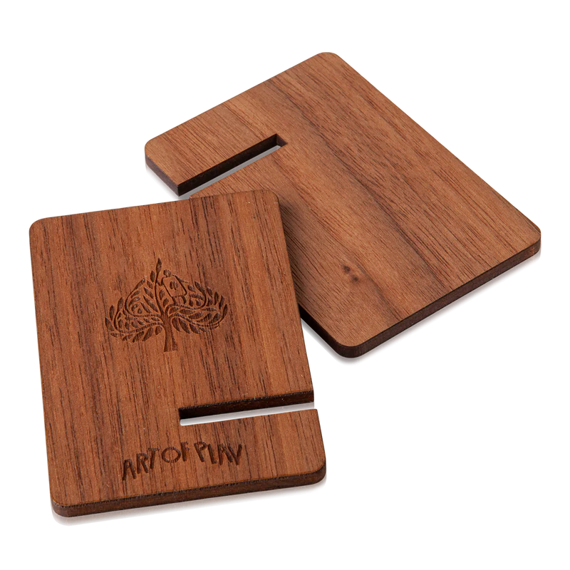 Wooden deck stand set with card holder slot and tree emblem, Art of Play on base