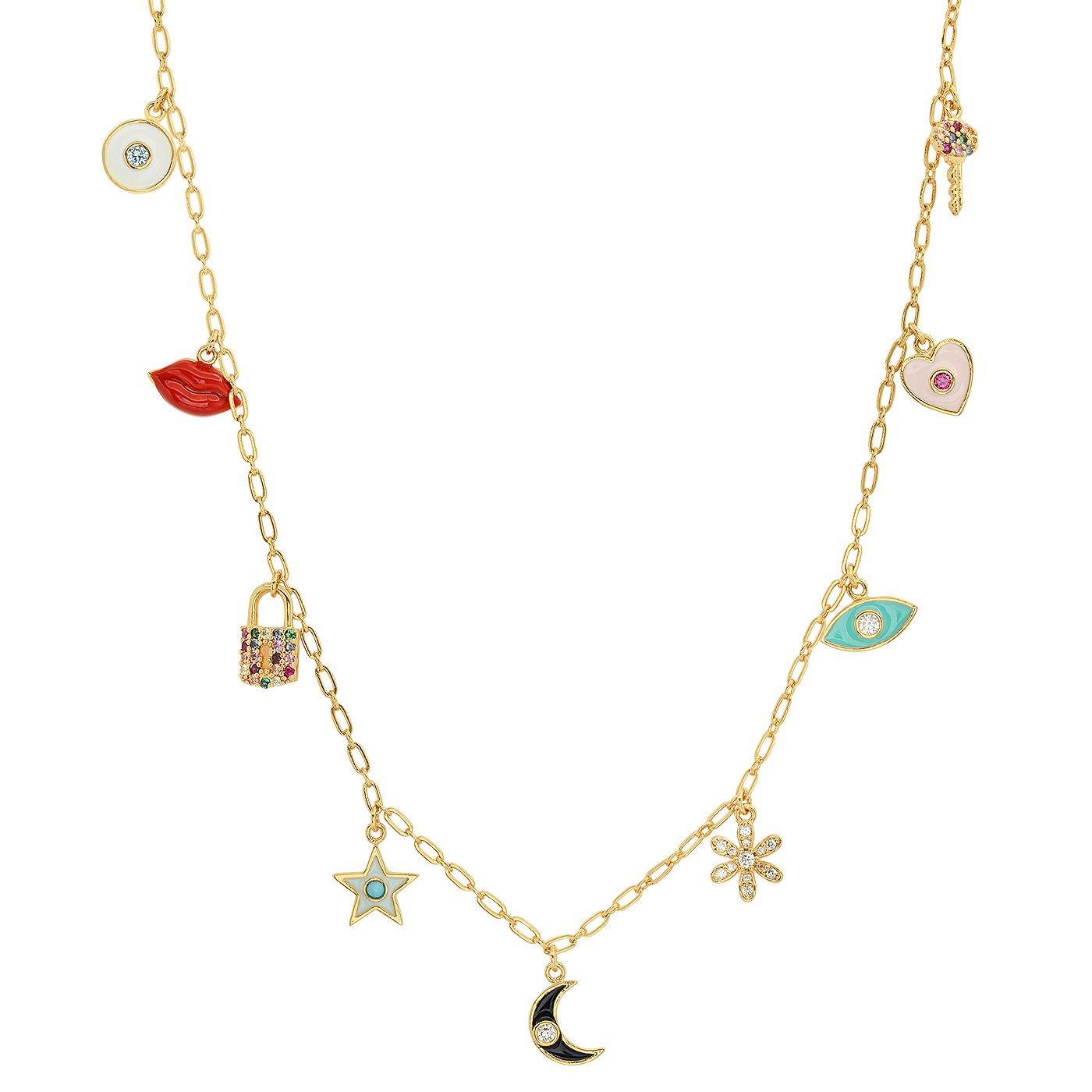 Gold enamel charm necklace with crescent moon, star, snowflake, lips and eye charms