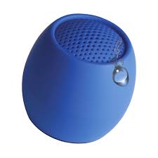Blue mini wireless speaker, compact round design with top perforated grille