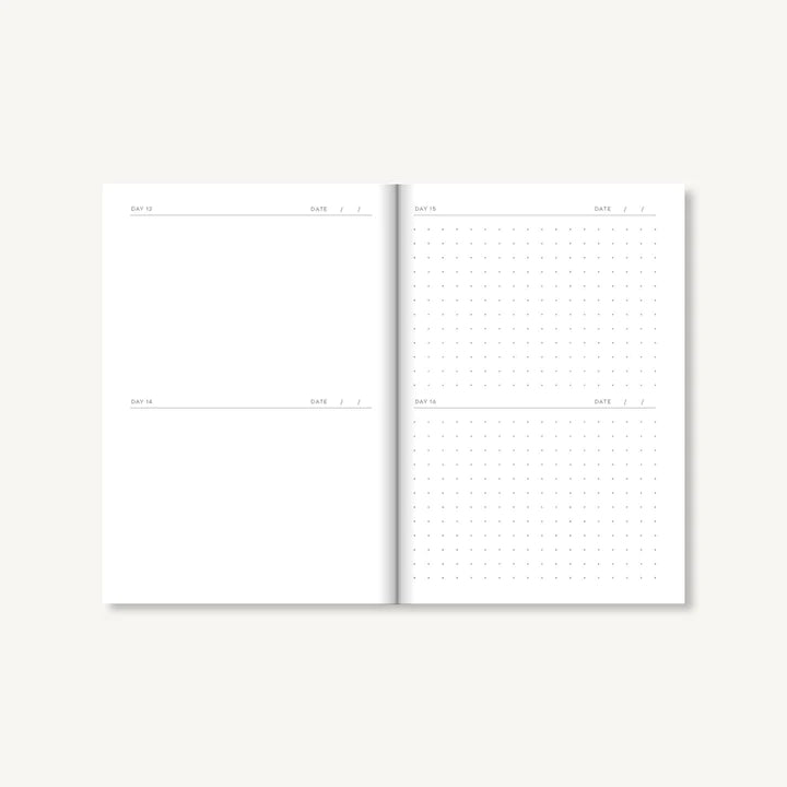 Open sketch diary spread with blank pages and dotted writing grids