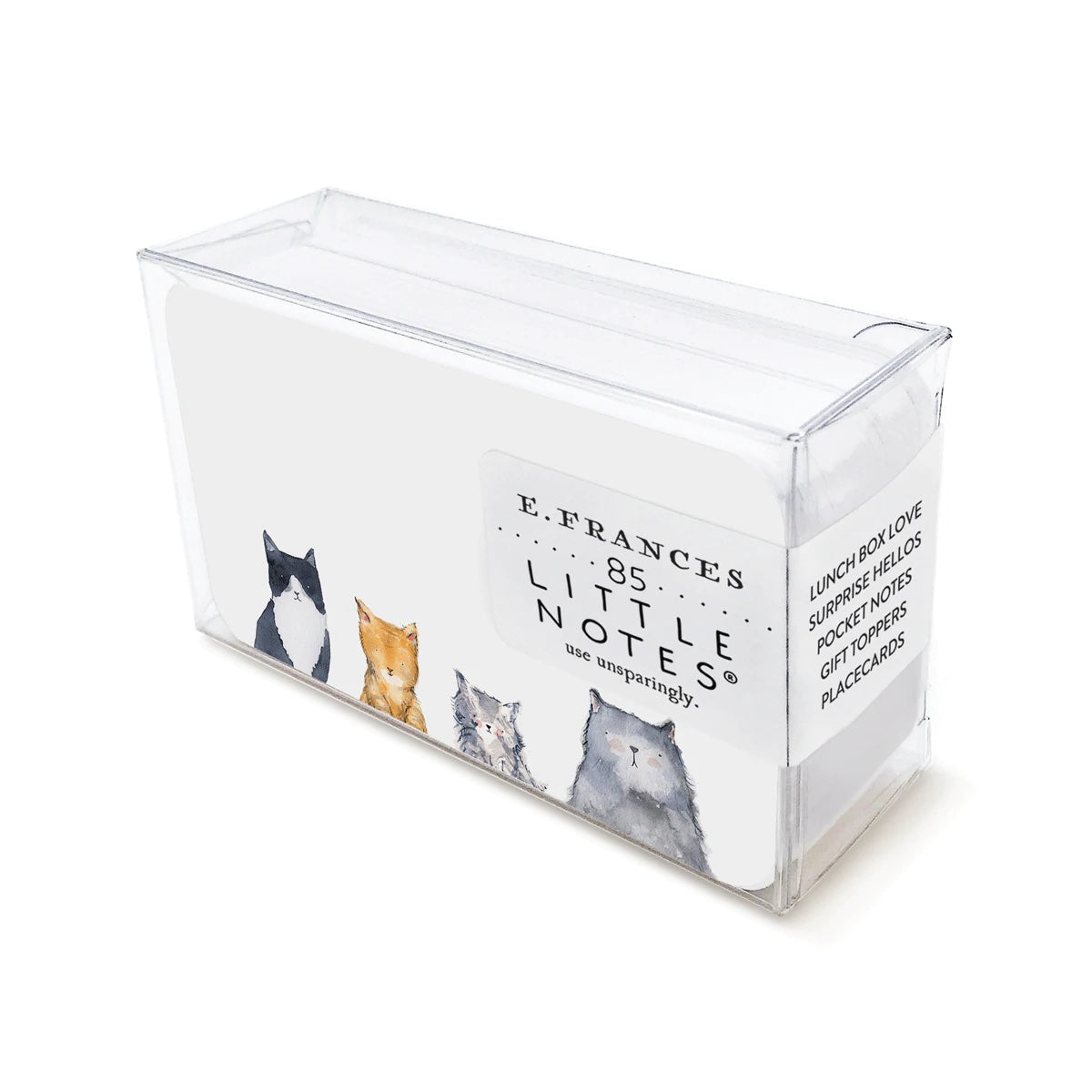 Clear acrylic note box with cat illustrations and E. Frances Little Notes label