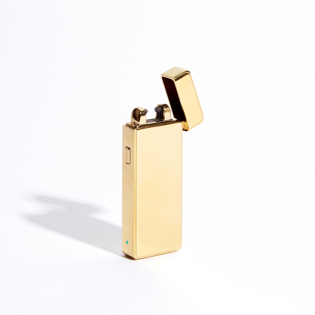 Gold metallic slim USB rechargeable double-arc lighter with open flip top