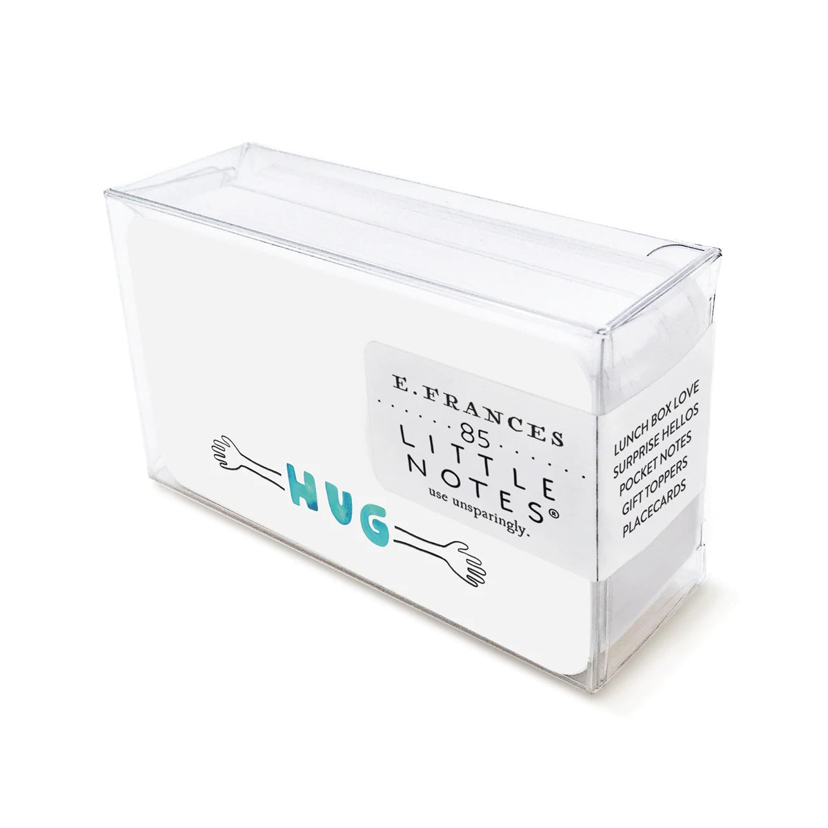 Transparent acrylic note box with teal 'HUG' and 'Little Title Notes' text front