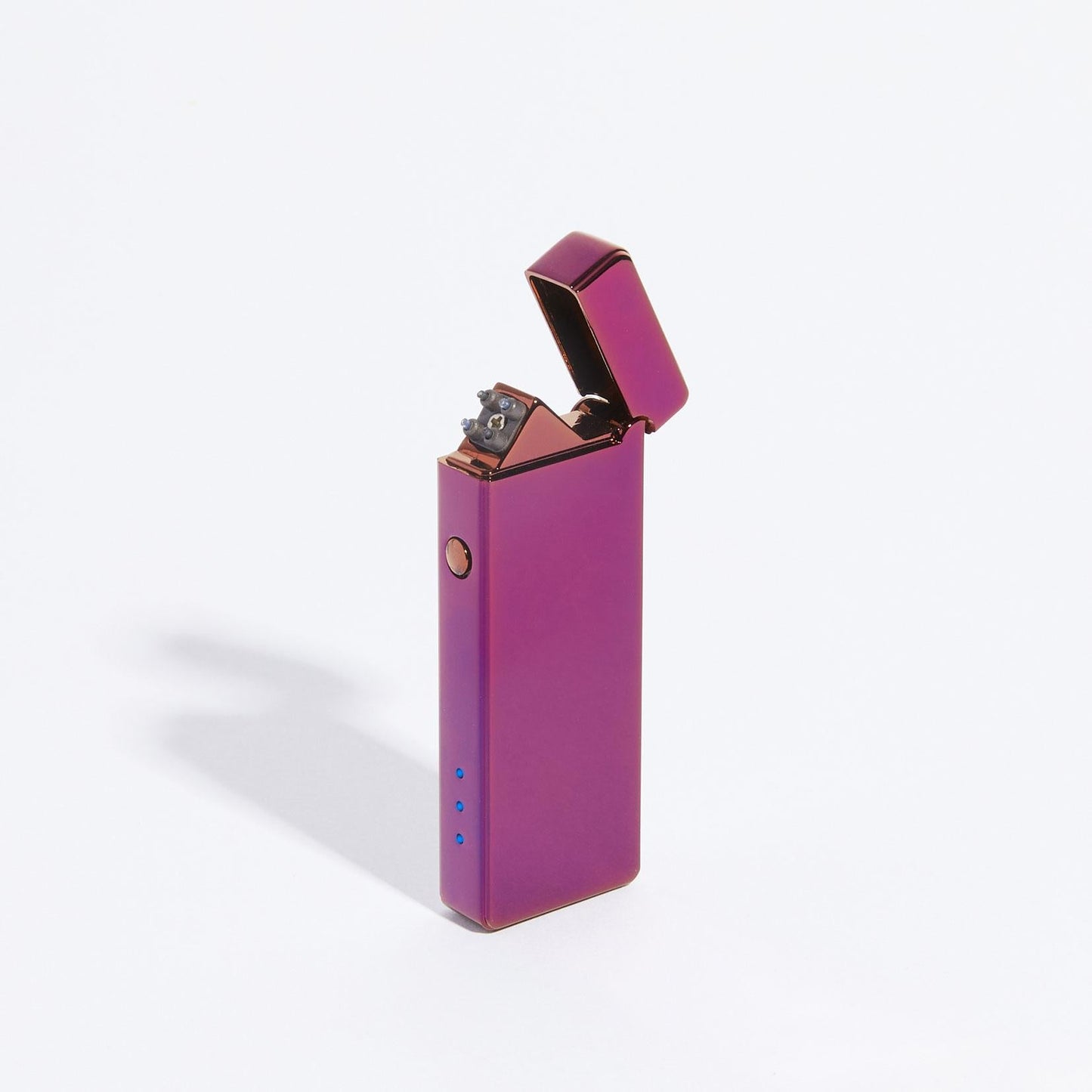 Purple metallic slim USB rechargeable double-arc lighter with open flip top