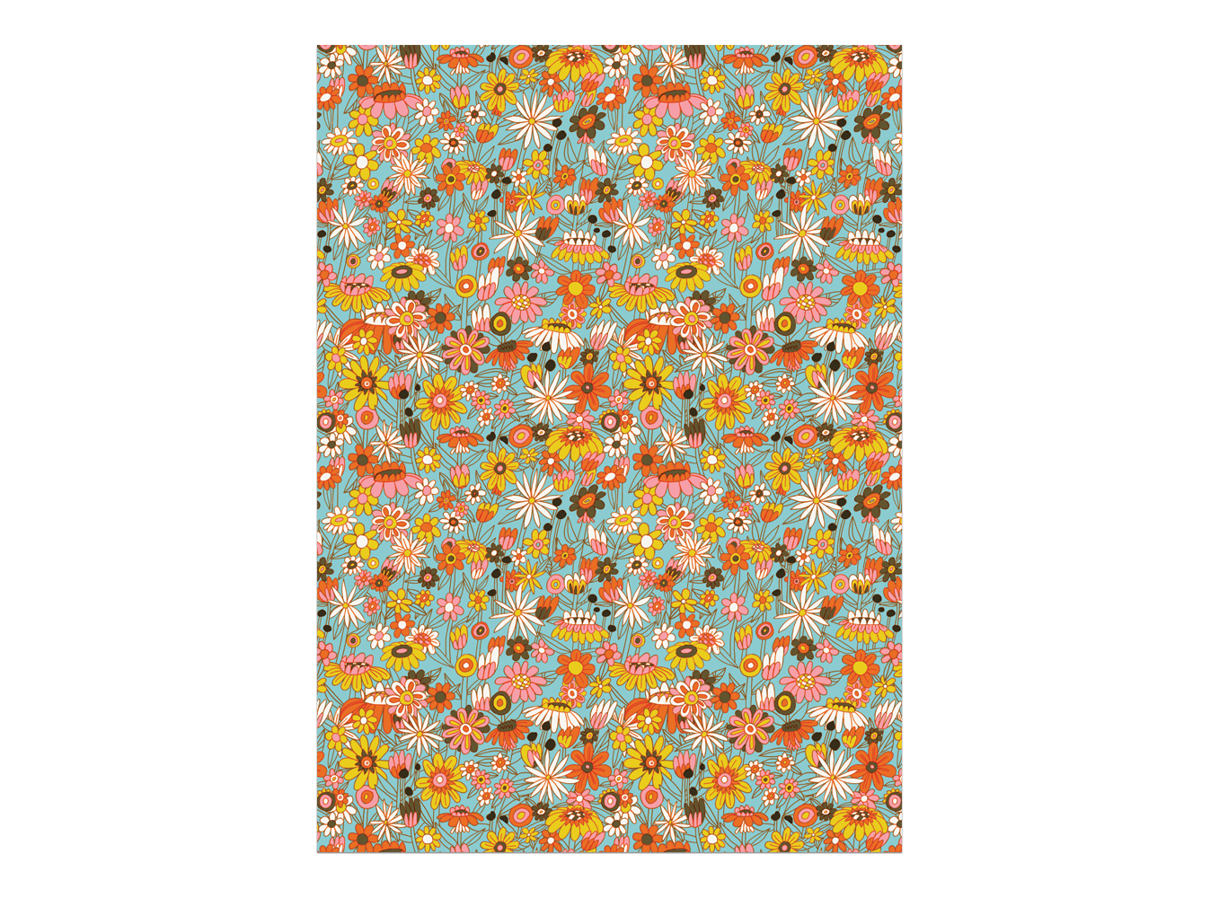 Floral wrapping fabric roll with dense multi-color flower and leaf pattern