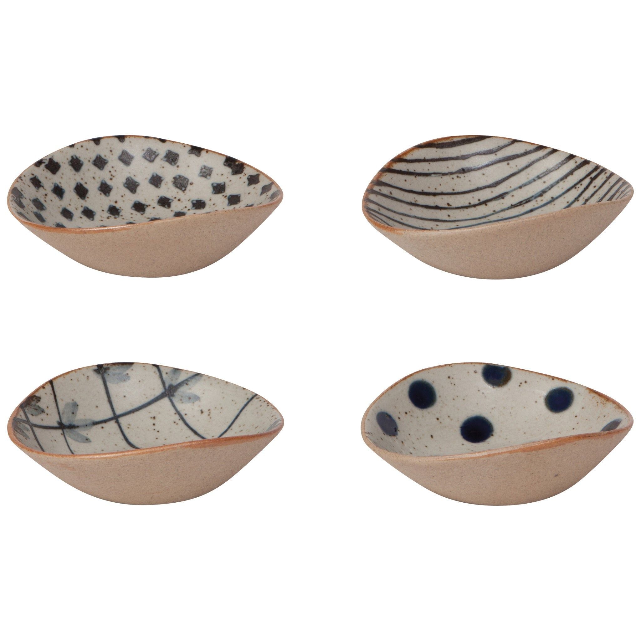 Set of 4 ceramic dipping dishes, speckled, striped, leaf, and dot patterns with beige bases