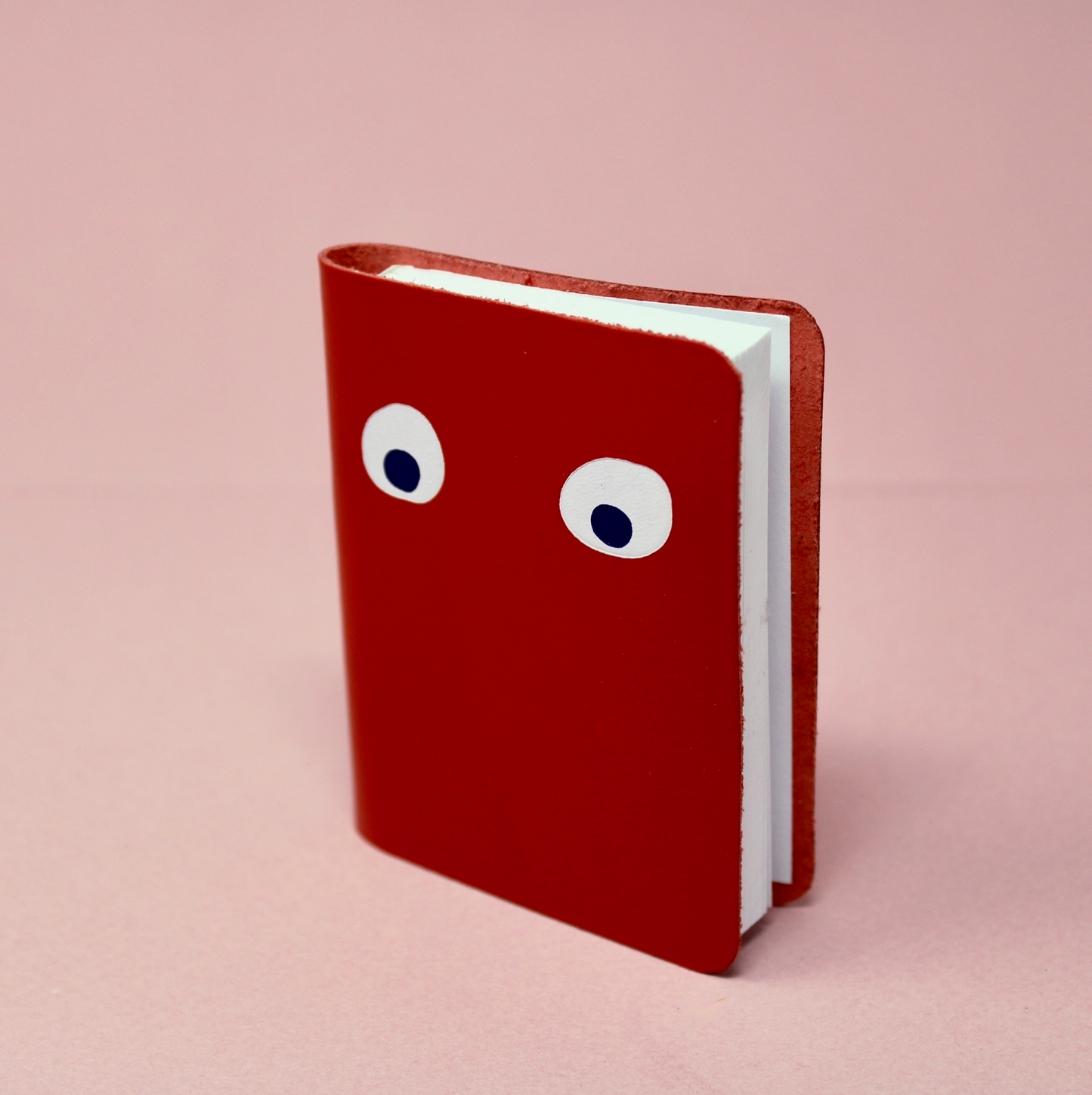 Red mini leather notebook with white googly eyes on the cover