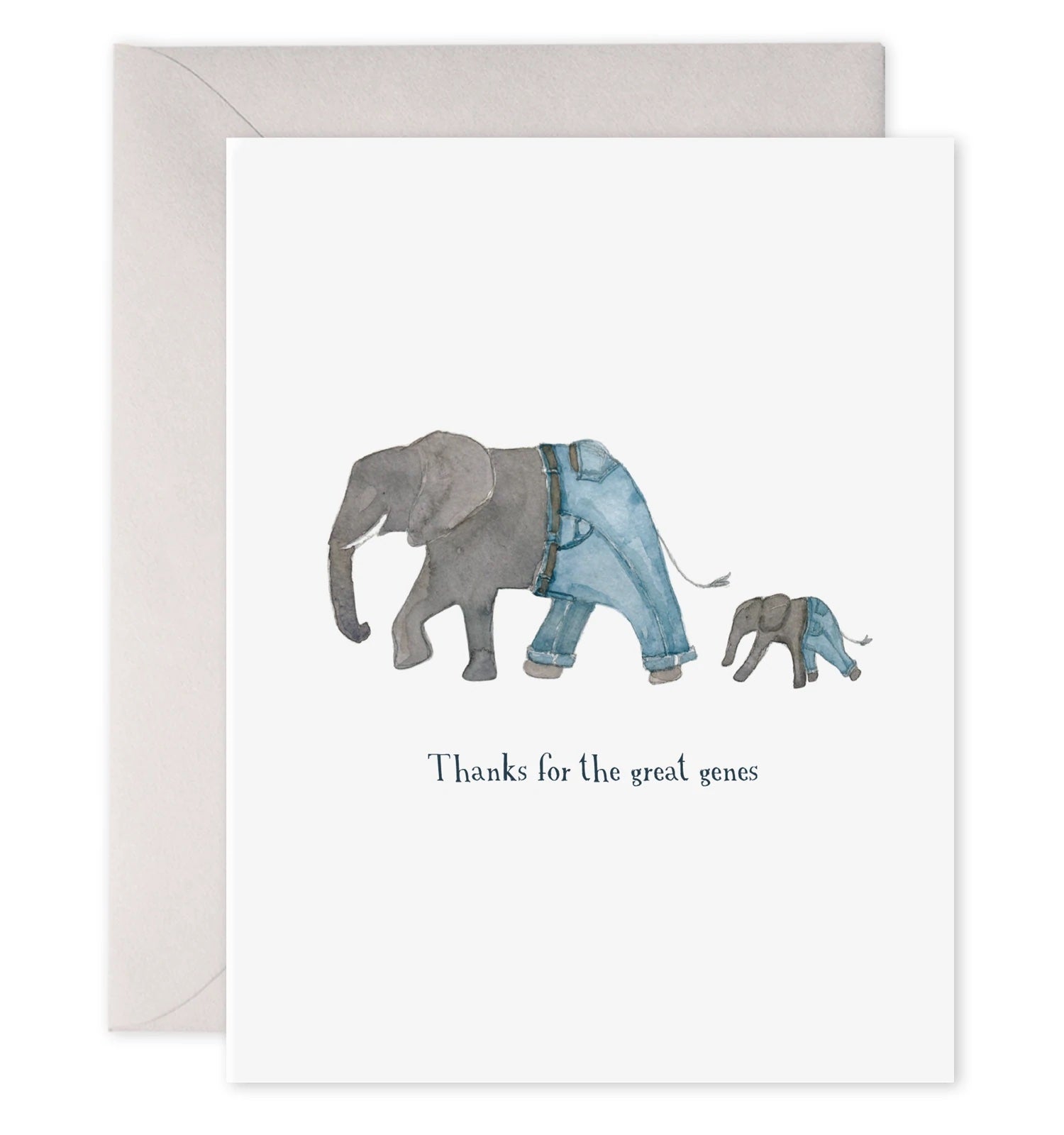 Elephant Genes greeting card with gray and blue elephant gene illustration
