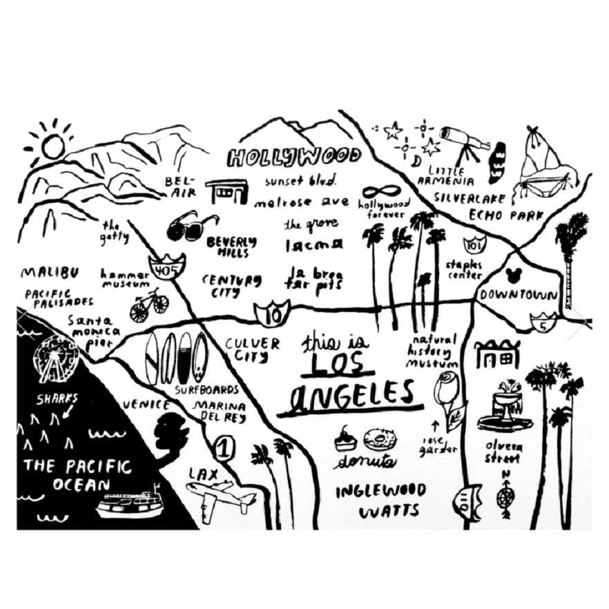 Los Angeles map print with black line illustration of landmarks on white background