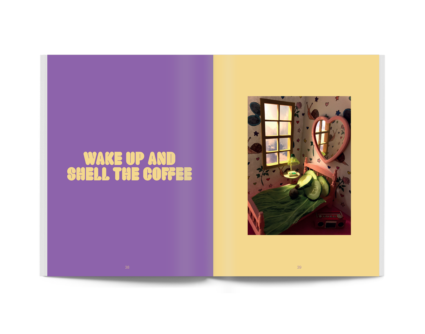Open book spread: purple page with yellow text and a right page photo of a snail