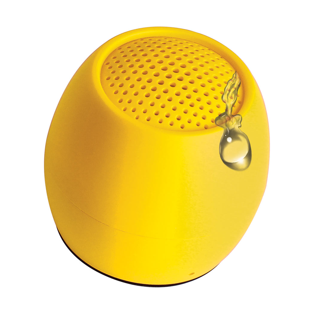Yellow mini wireless speaker with top speaker grille and lanyard loop