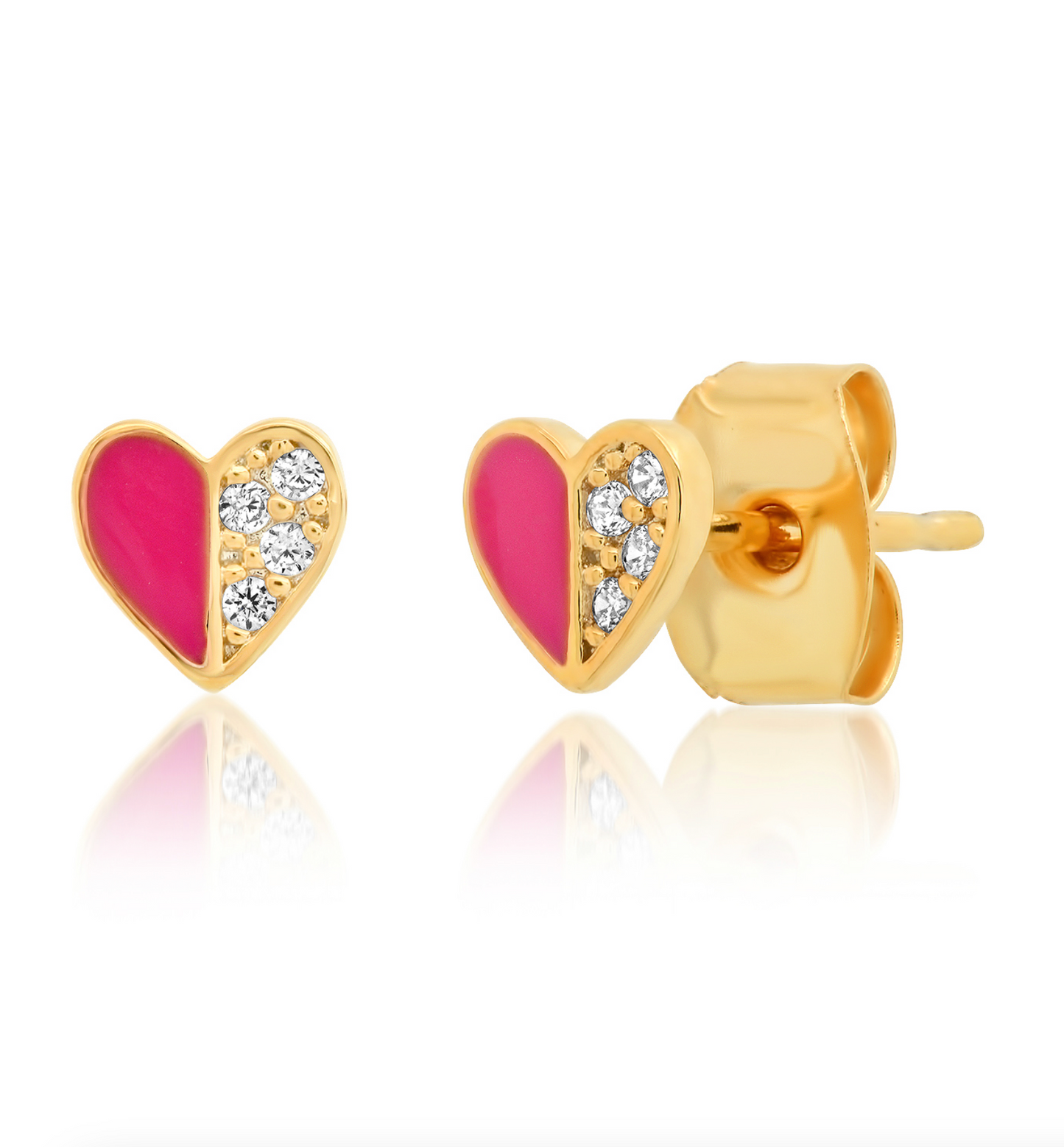 Gold-tone heart enamel stud earrings with pink enamel and three clear pave stones