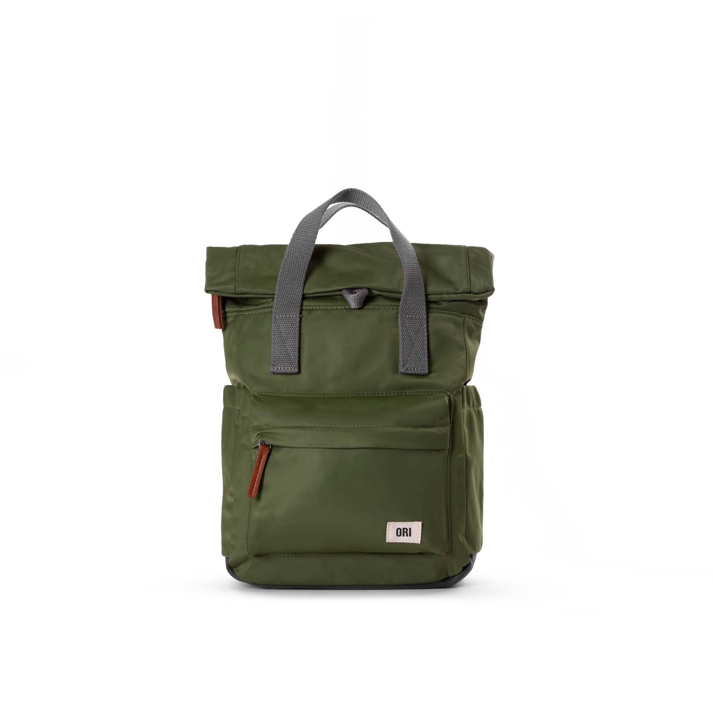 Olive green nylon backpack with top handle, flap closure, and front zip pocket.
