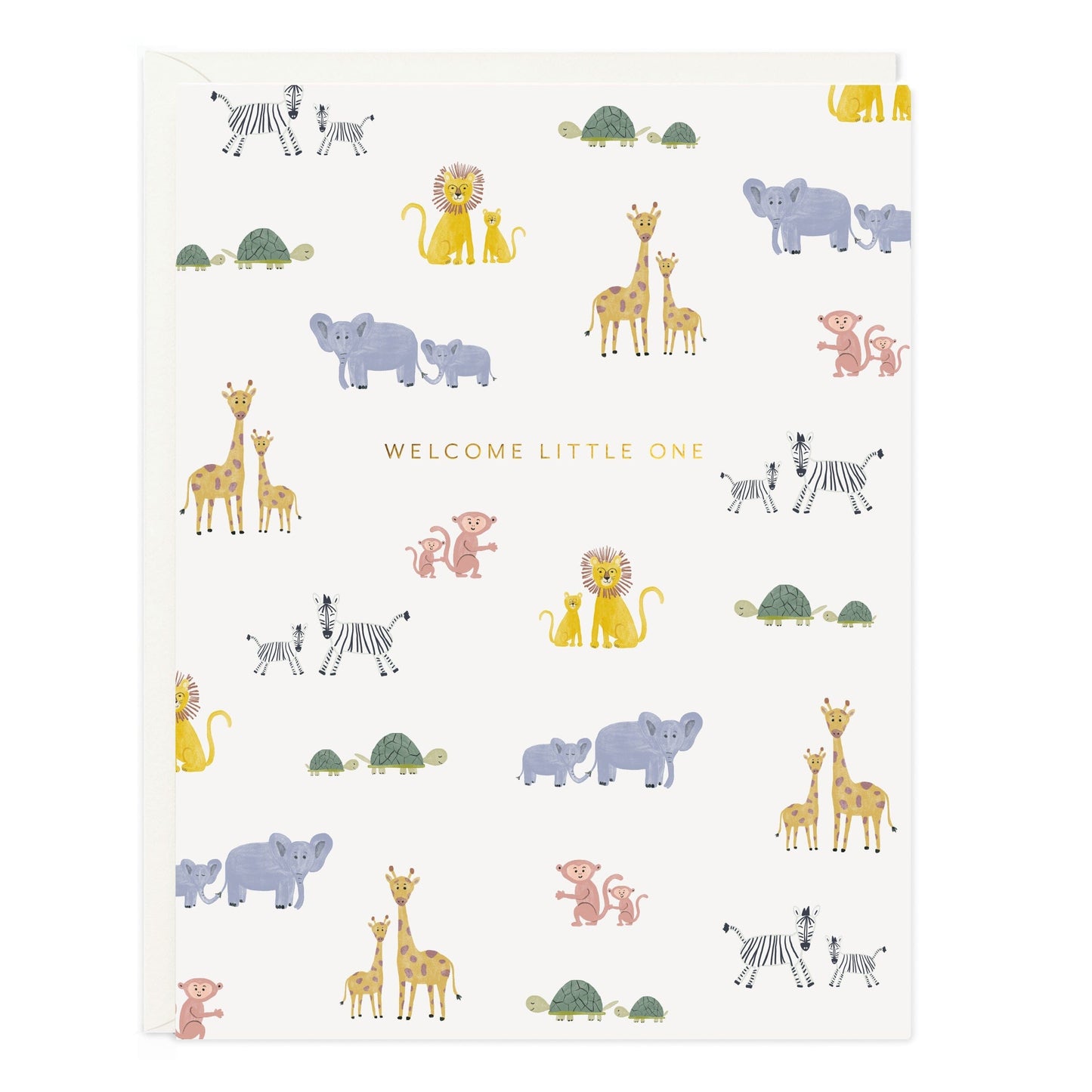 Welcome baby animals greeting card with 'Welcome Little One' text and safari icons.