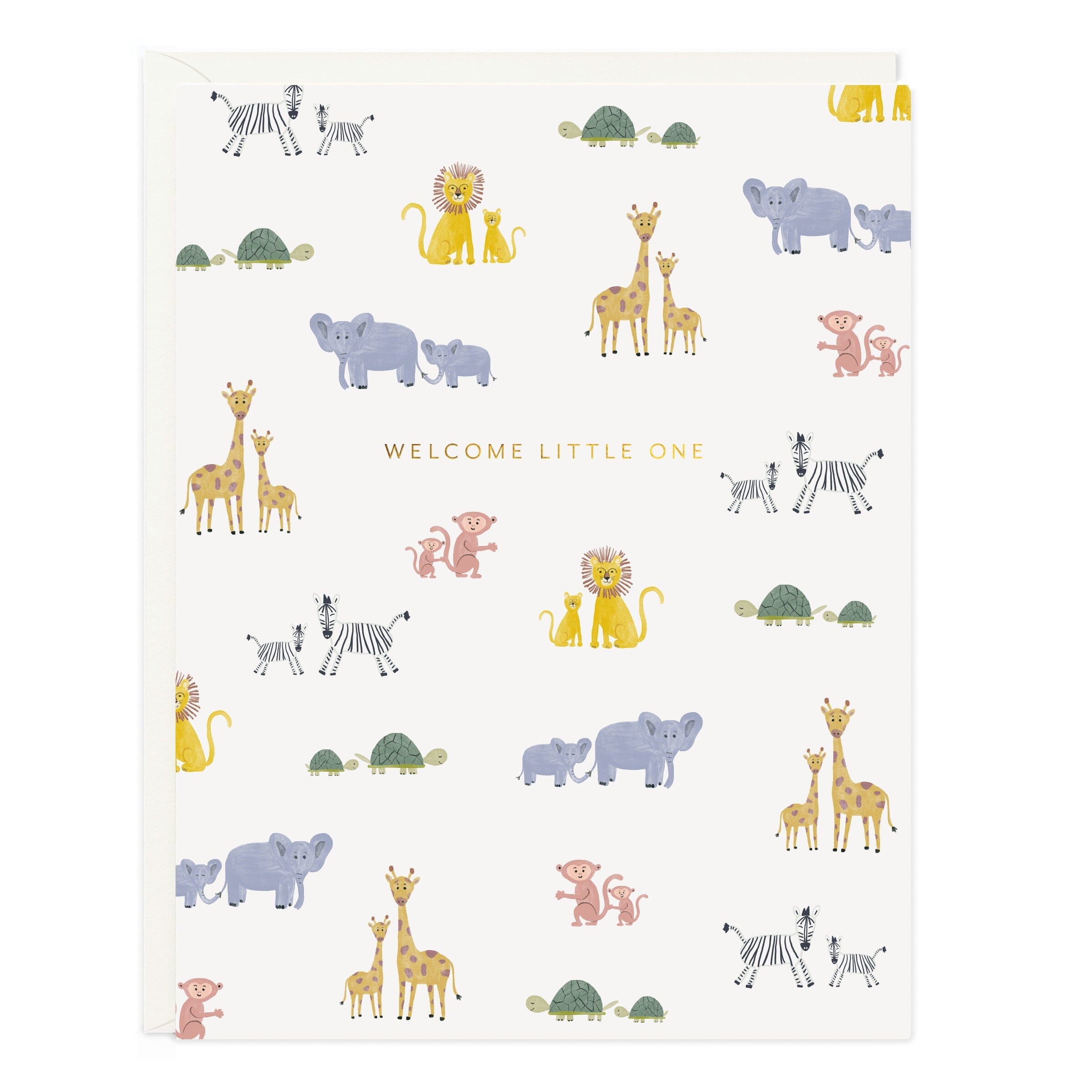 Welcome baby animals greeting card with 'Welcome Little One' text and safari icons.