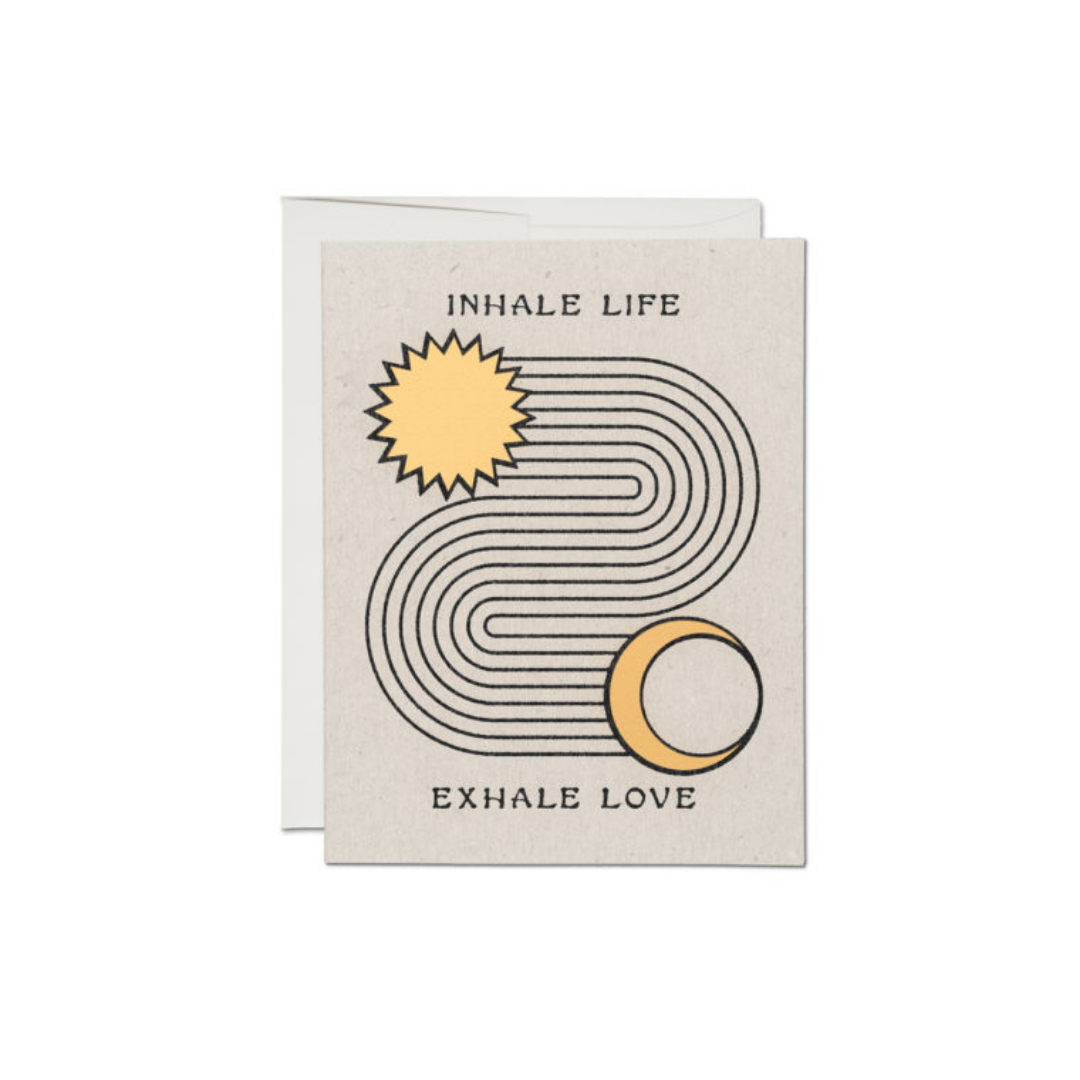Greeting card with inhale/exhale line art and text INHALE LIFE, EXHALE LOVE.