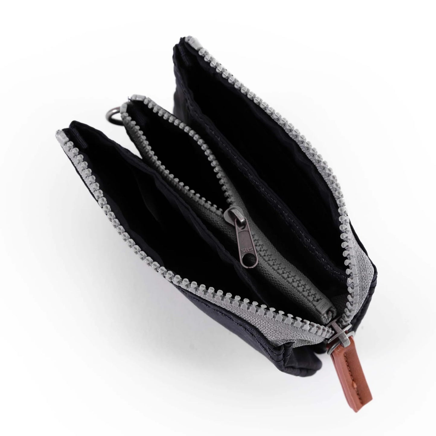 Medium recycled canvas zipper pouch interior view, black with silver zipper and brown pull