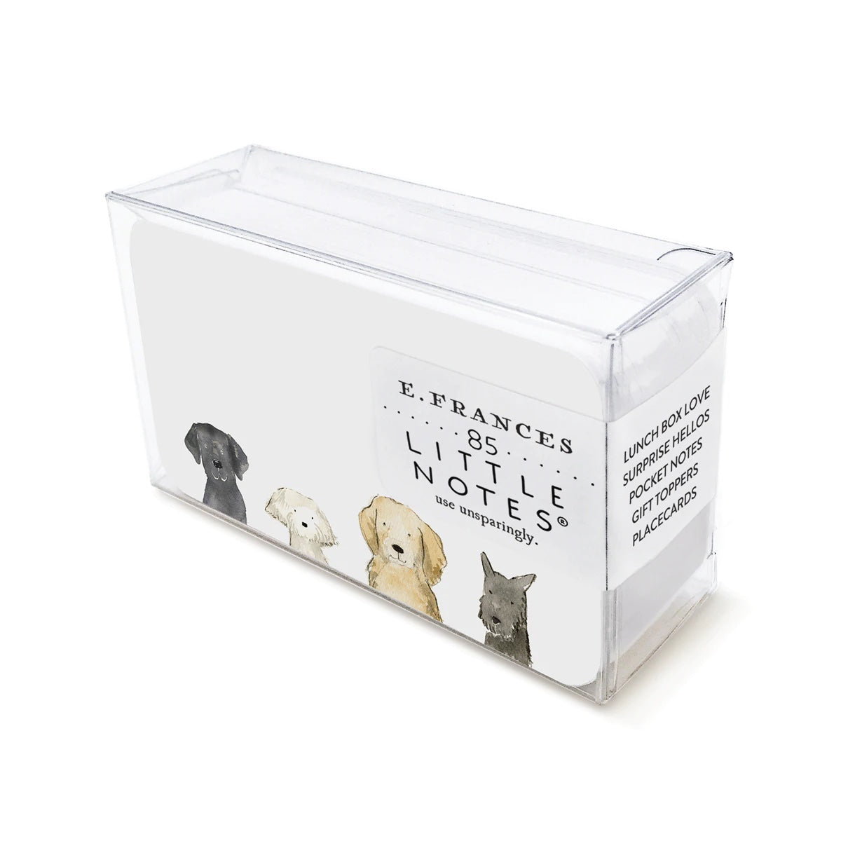 Clear box of dog-themed little notes with assorted dog illustrations