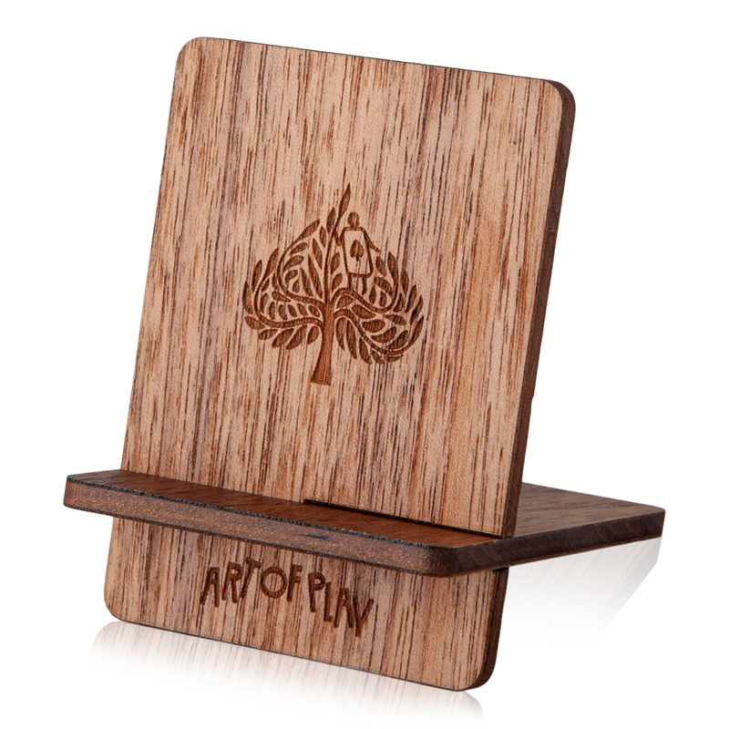 Wooden deck stand with tree playing-card engraving and dark base, Art of Play text