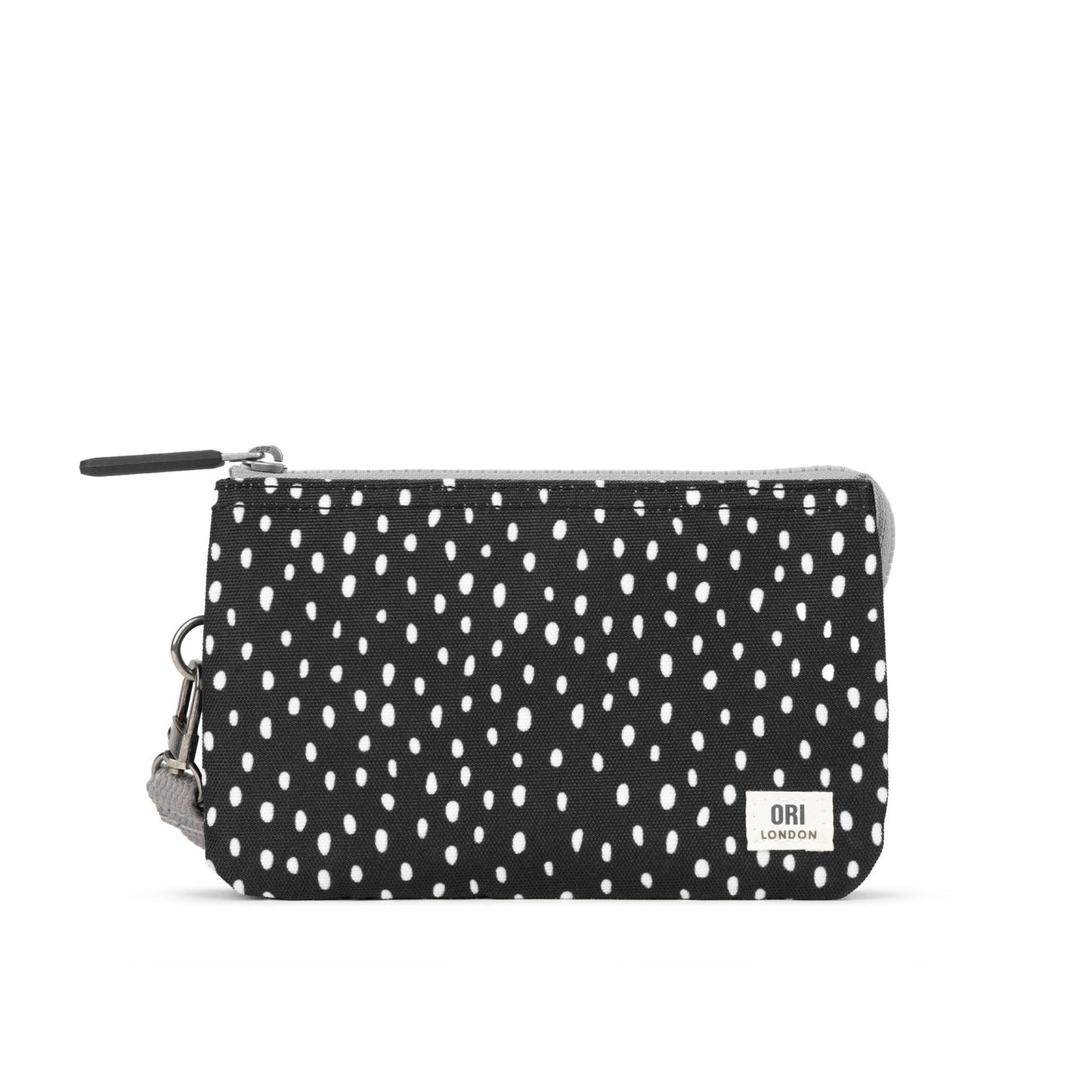 Medium recycled canvas zipper pouch, black with white speckle pattern and OBI London label