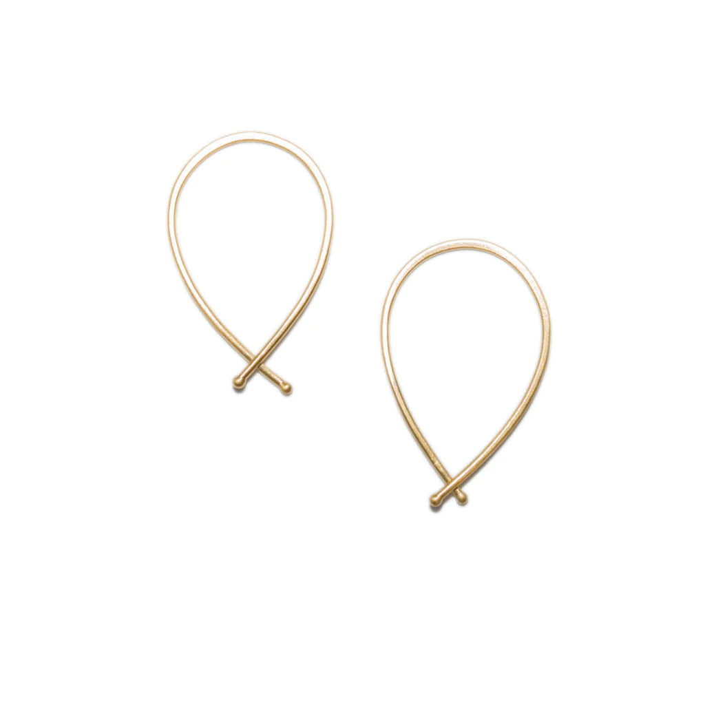 Small 14k gold ribbon hoop earrings with teardrop loop and cross clasp