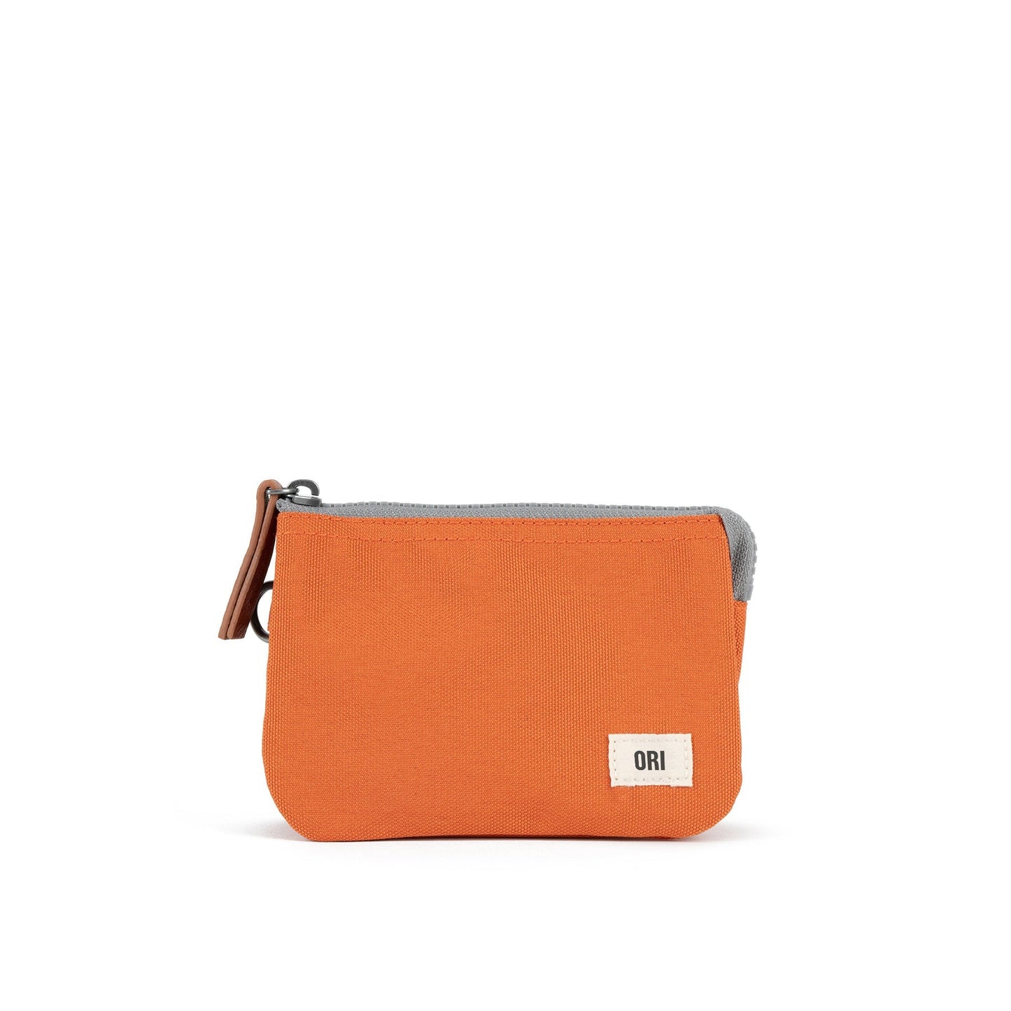 Small recycled canvas zipper pouch, orange with ring pull and leather-look zipper tab