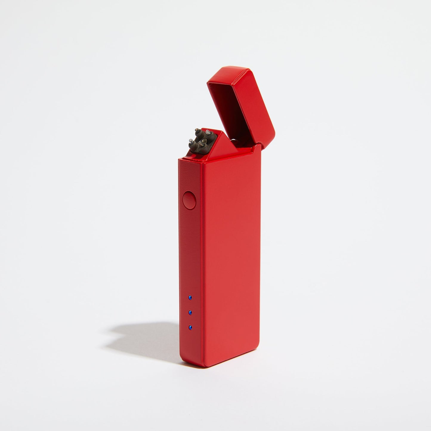 Red metallic slim USB rechargeable double-arc lighter with open flip top and side button