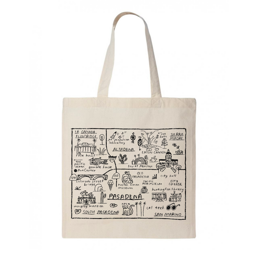 Cream canvas tote bag with black illustrated Pasadena map graphic, two handles