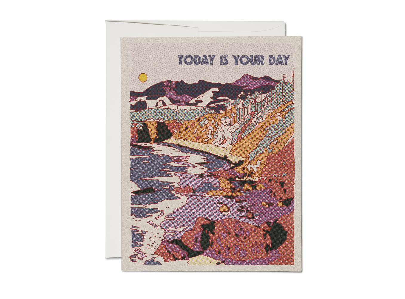 Birthday card with colorful landscape illustration and gold “TODAY IS YOUR DAY” text