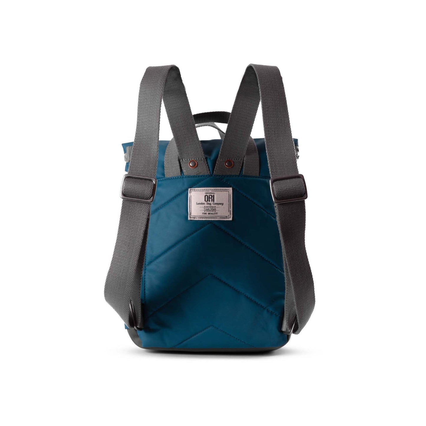 Blue nylon backpack with two padded shoulder straps and front brand label.